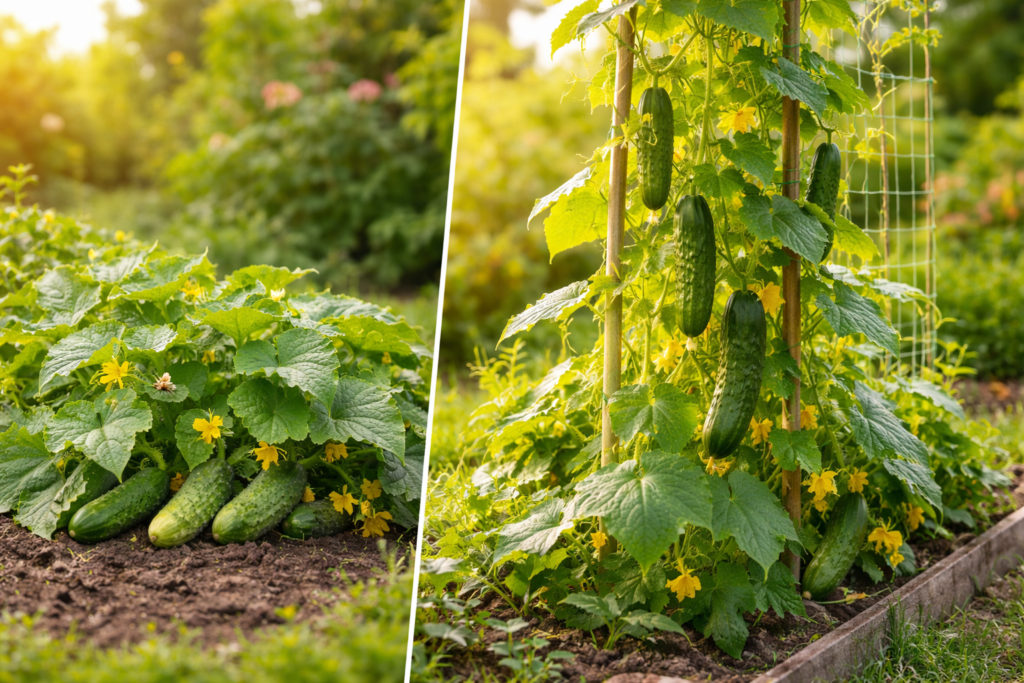 First decide what you’re growing: bush cucumber or vining cucumber