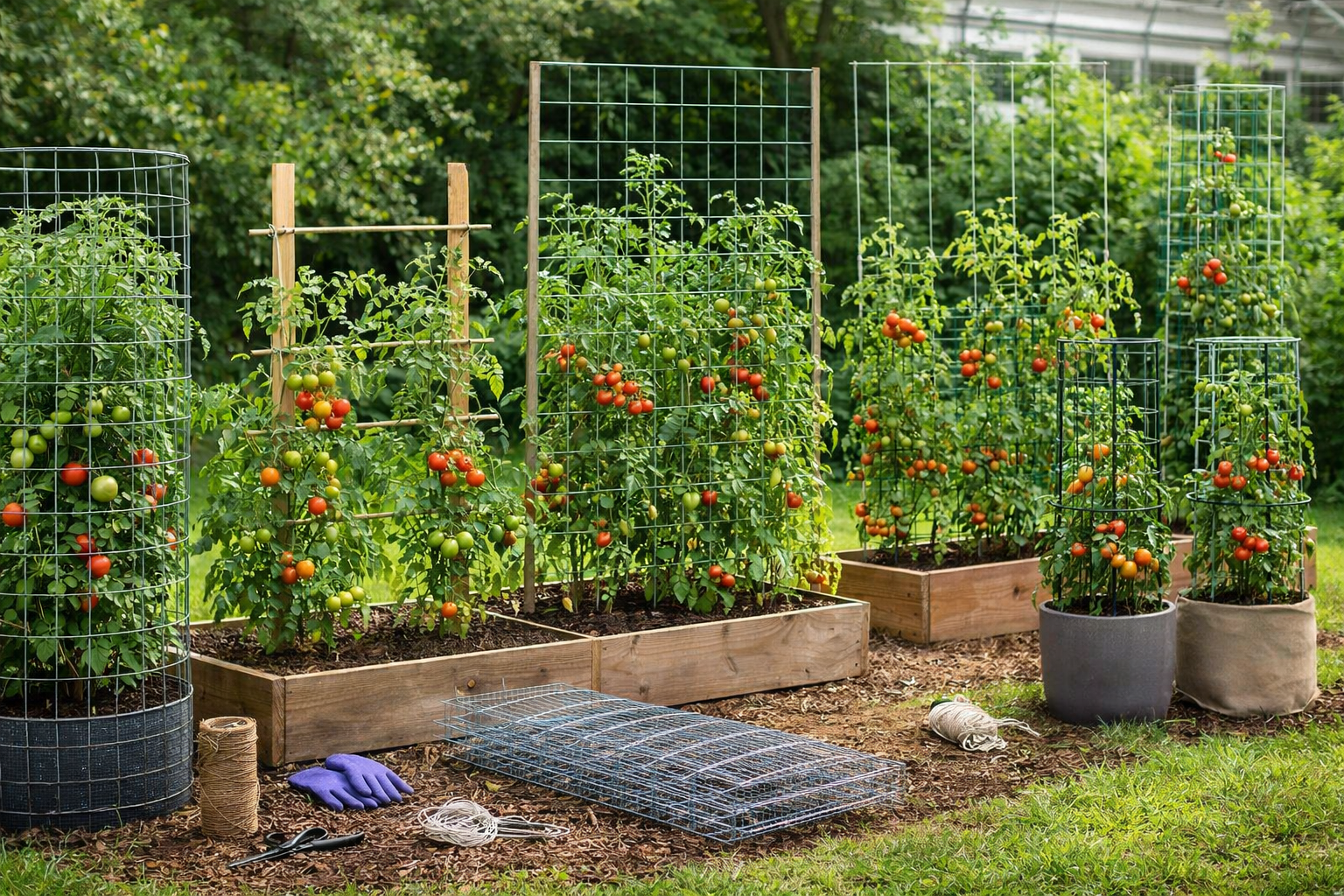 Side-by-side view of tomato support types including cage, stake, Florida weave, cattle panel, and string trellis