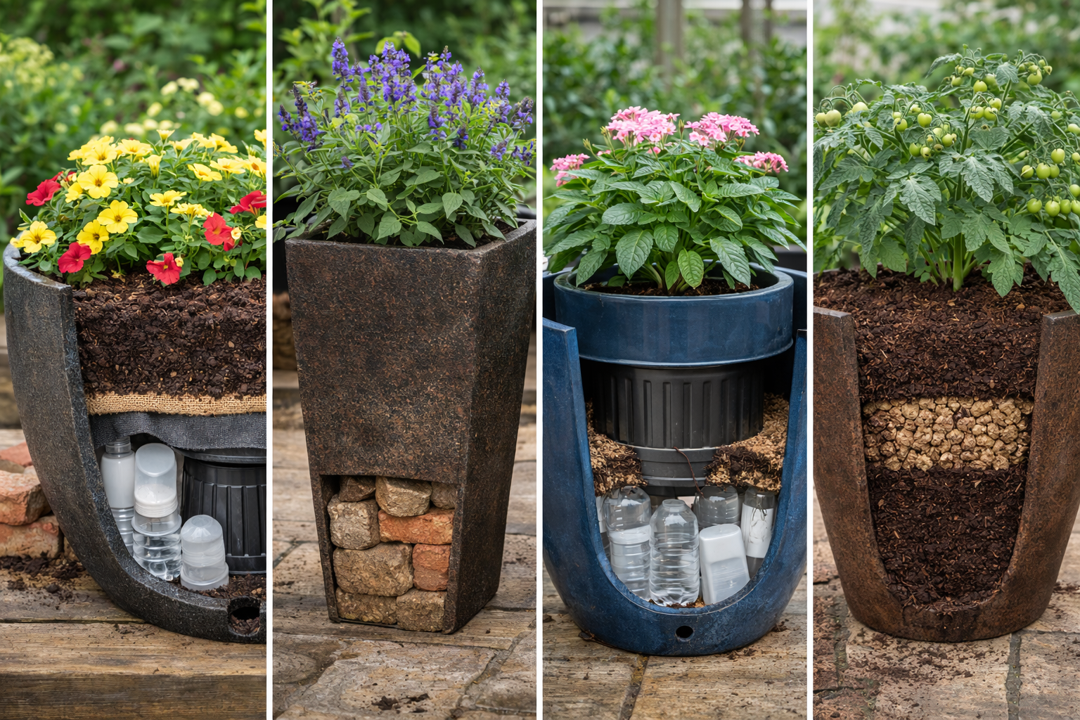 How to Fill a Large Plant Container: 7 Smart Rules That Work 4 Comparison of large planter setups for lightweight filler, ballast, no-drainage cachepot, and deep root planting