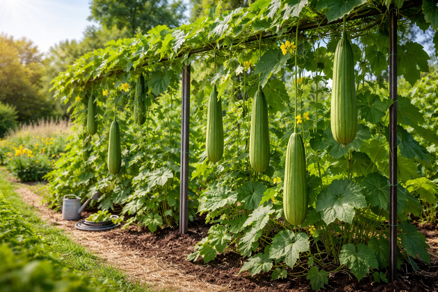 Luffa vine growing on a sturdy trellis in a sunny garden with room for long hanging fruits