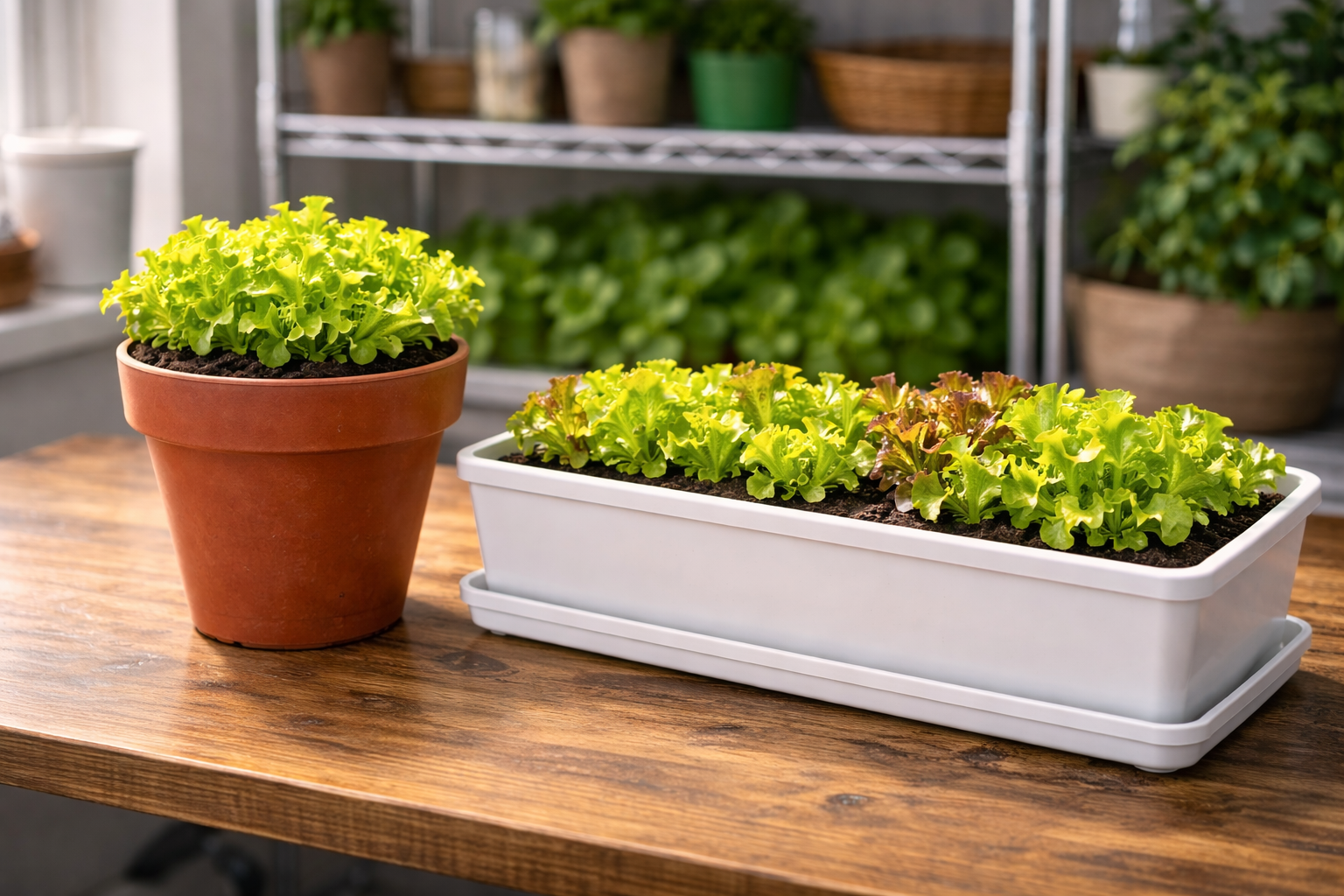 Tall narrow pot beside a wide shallow planter showing better width for growing lettuce indoors