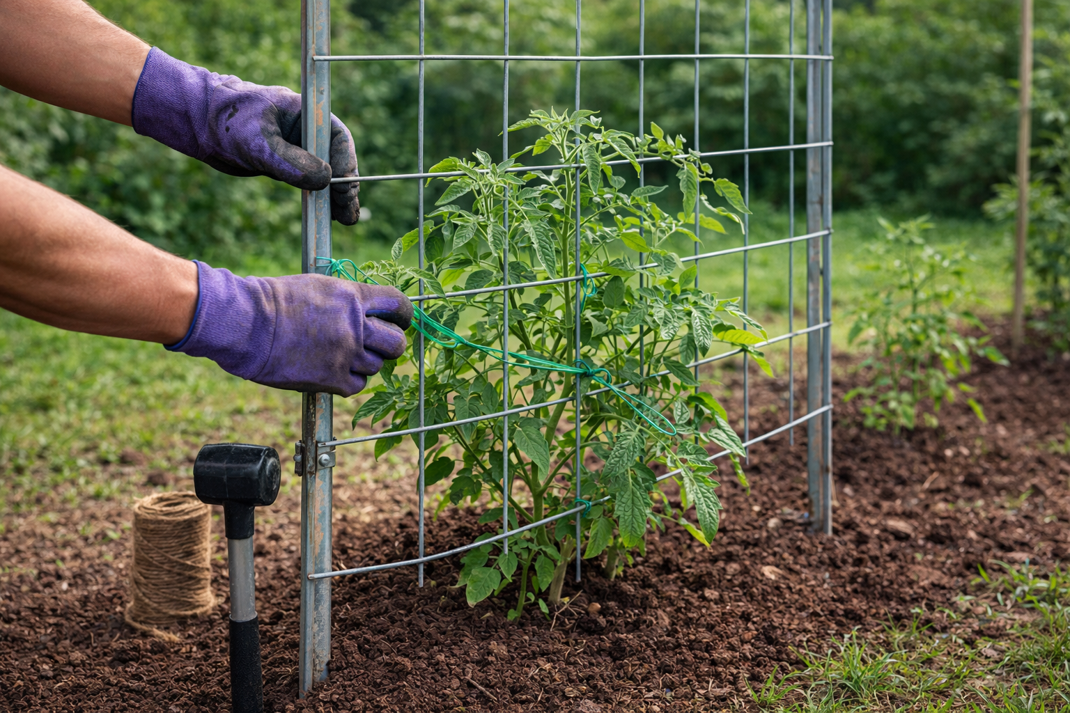 Gardener installing a tomato support early and loosely tying young tomato stems to the trellis