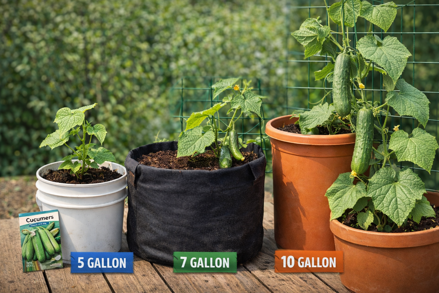 Comparison of 5, 7, and 10-gallon containers for growing one cucumber plant