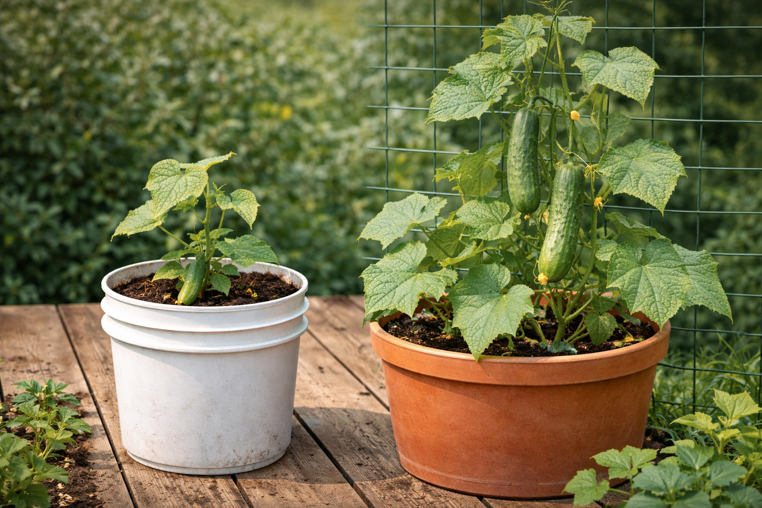 Bush cucumber in a small container beside a vining cucumber growing up a trellis