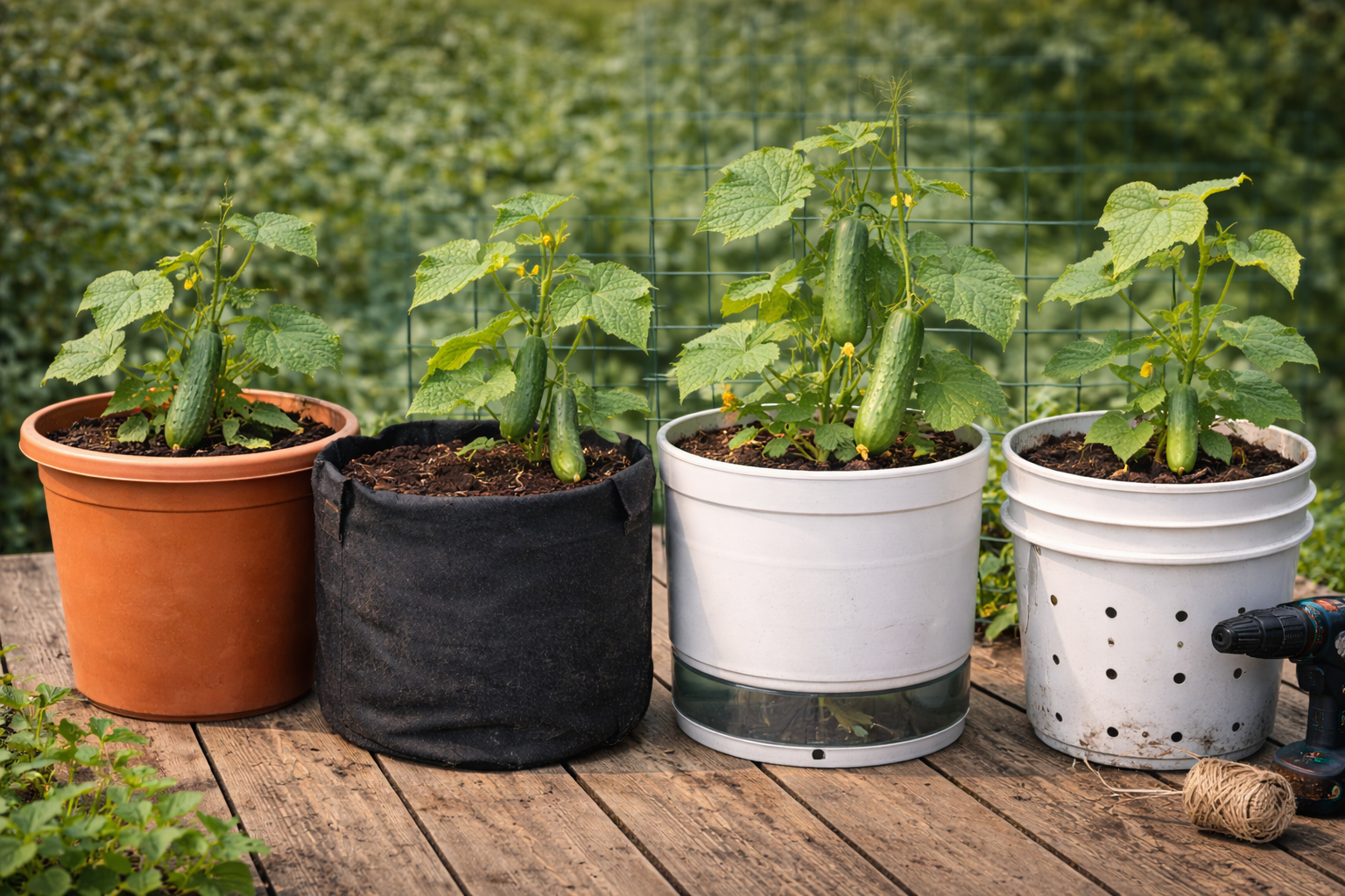 Plastic pot, fabric grow bag, self-watering planter, and bucket with drainage holes for cucumbers