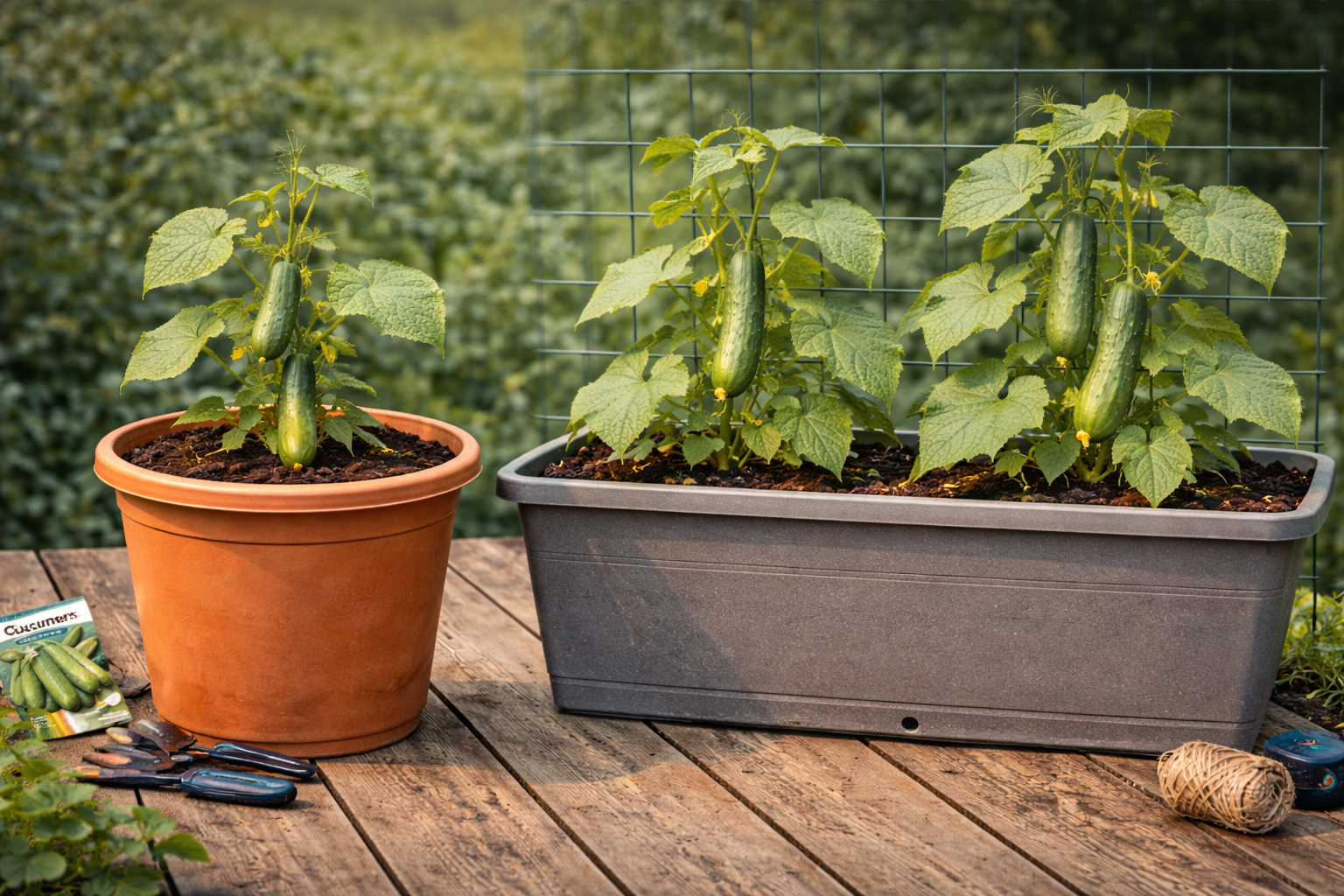 One cucumber plant in a standard container compared with two compact plants in a long planter