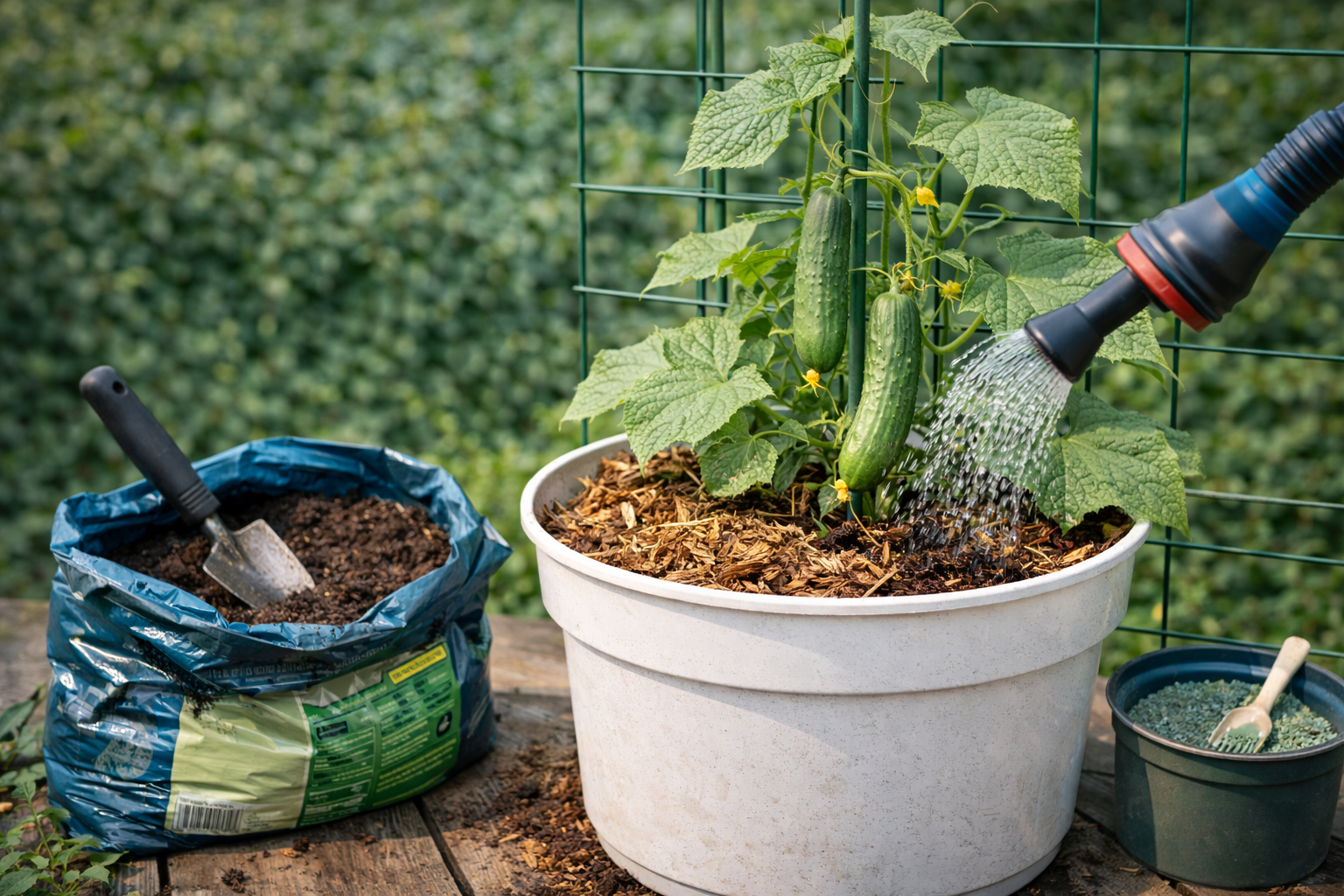 Small cucumber container setup with potting mix, mulch, and trellis support