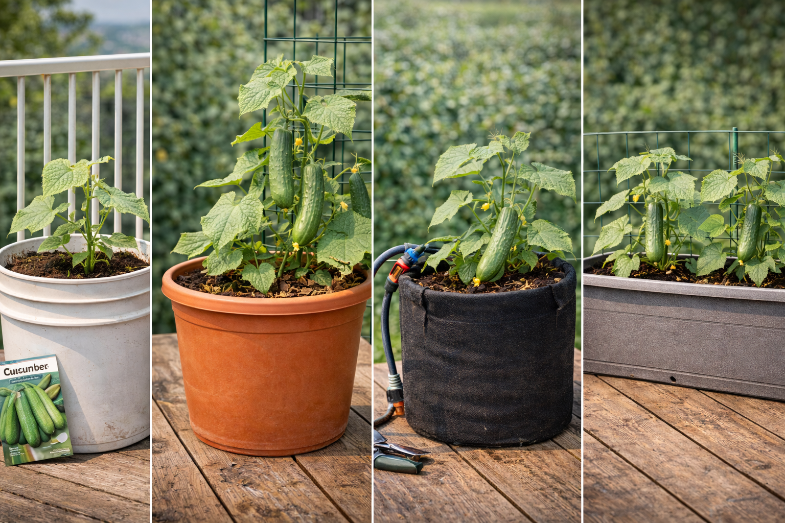 Different cucumber container setups for balcony, deck, grow bag, and self-watering planter scenarios