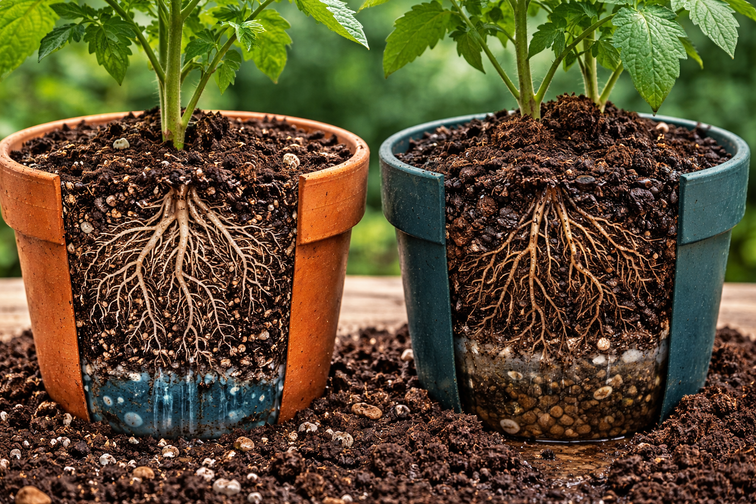 Comparison of tomato roots in airy potting mix versus compact soil in a container