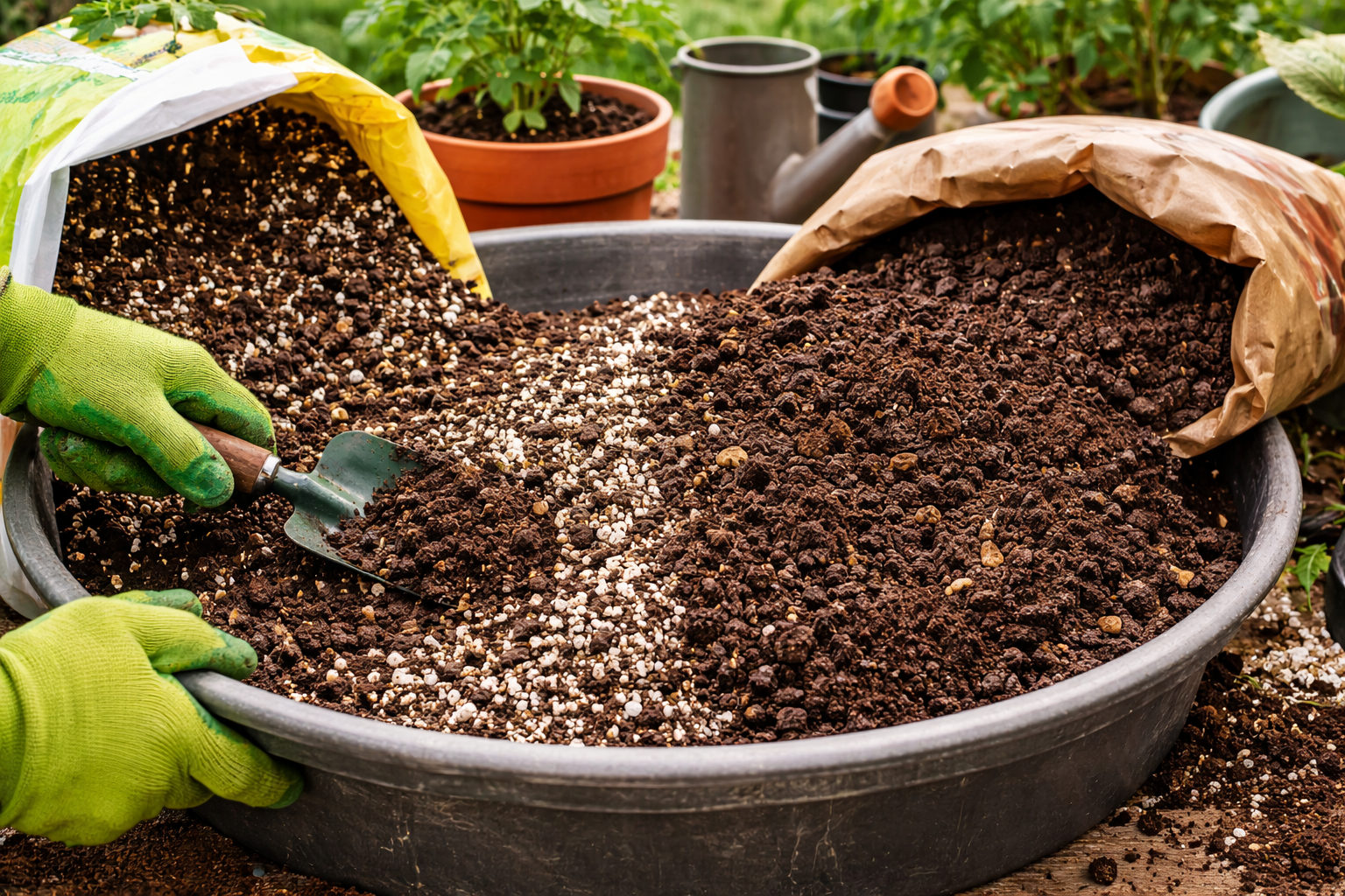 Container potting mix and compost blended for growing tomatoes in pots