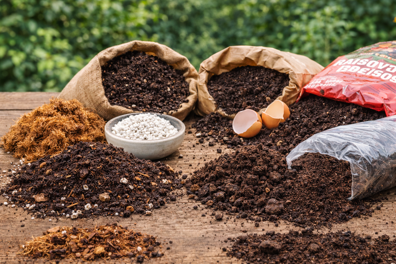 Helpful and problematic soil ingredients for tomatoes in pots displayed side by side