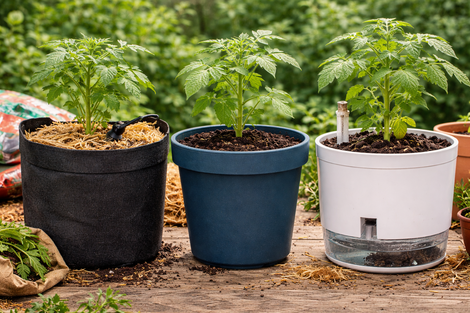 Different tomato container types including fabric pot plastic pot and self-watering planter