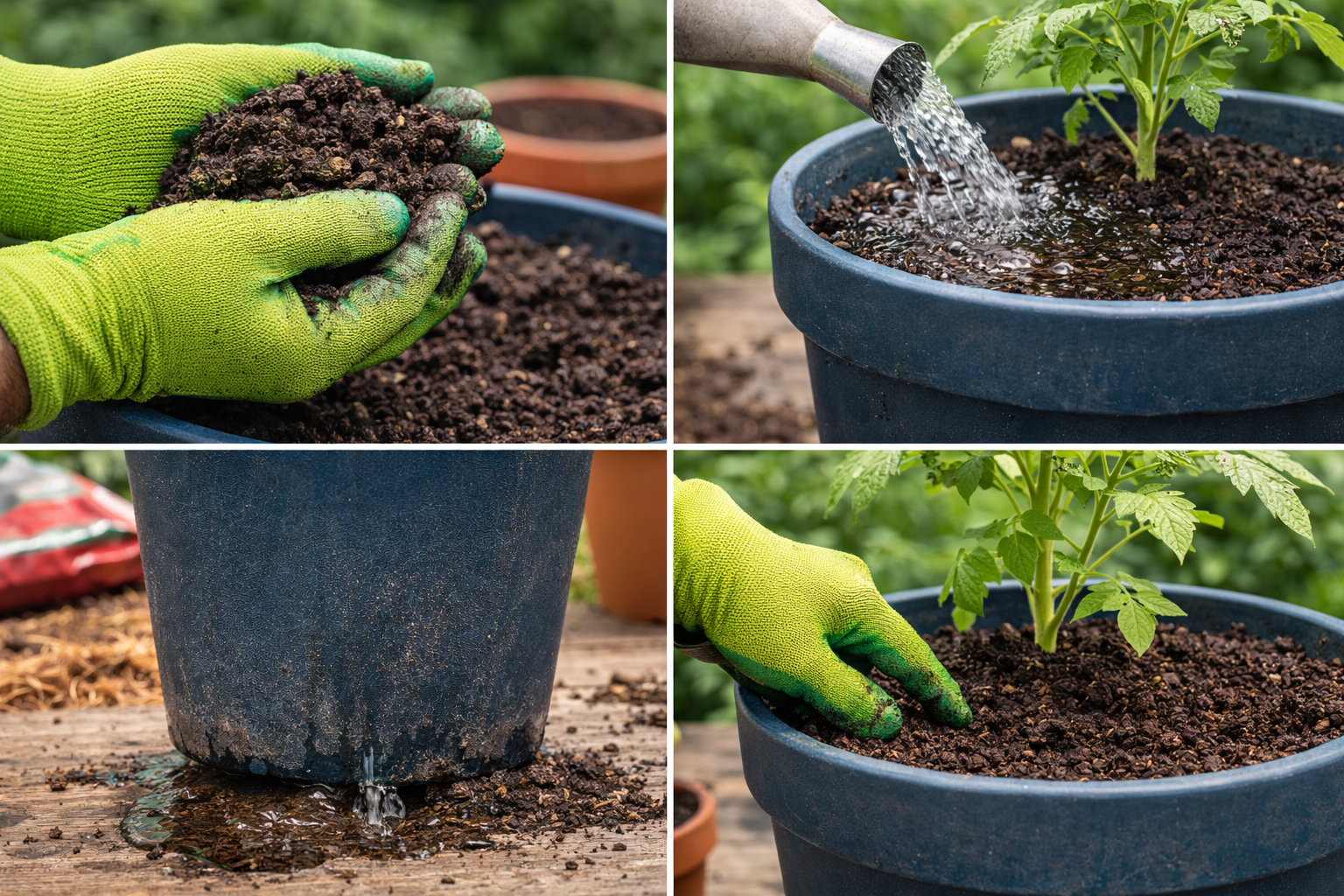 Hands testing tomato potting mix texture drainage and moisture before planting