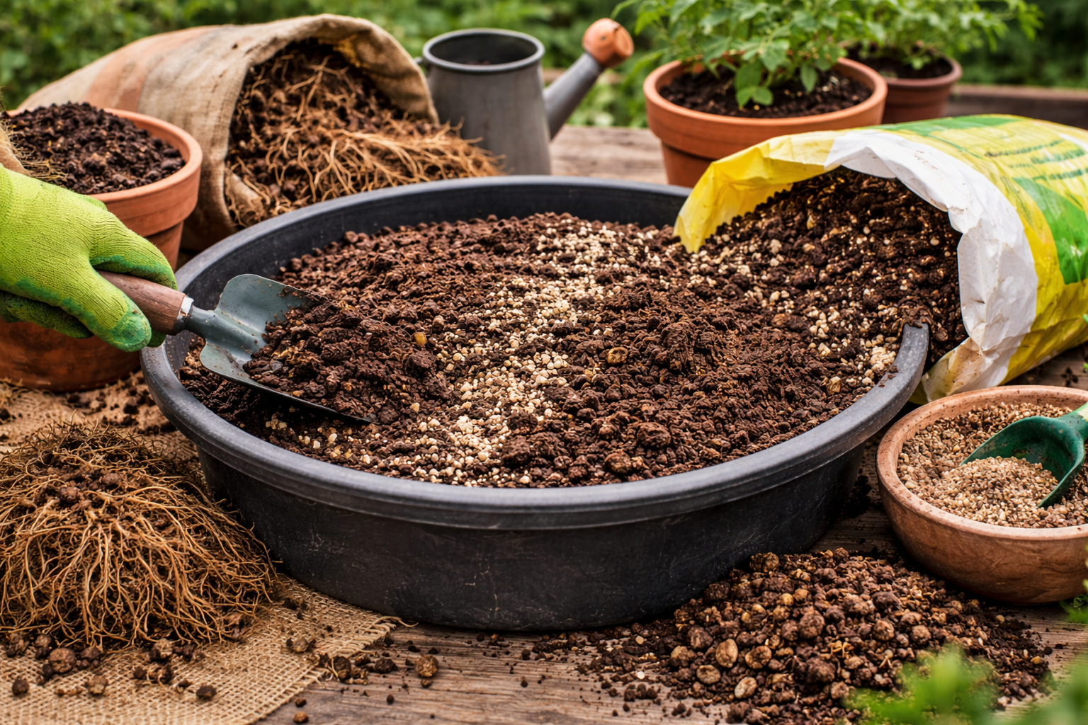 Refreshing old potting soil for tomatoes by removing roots and mixing with fresh potting mix