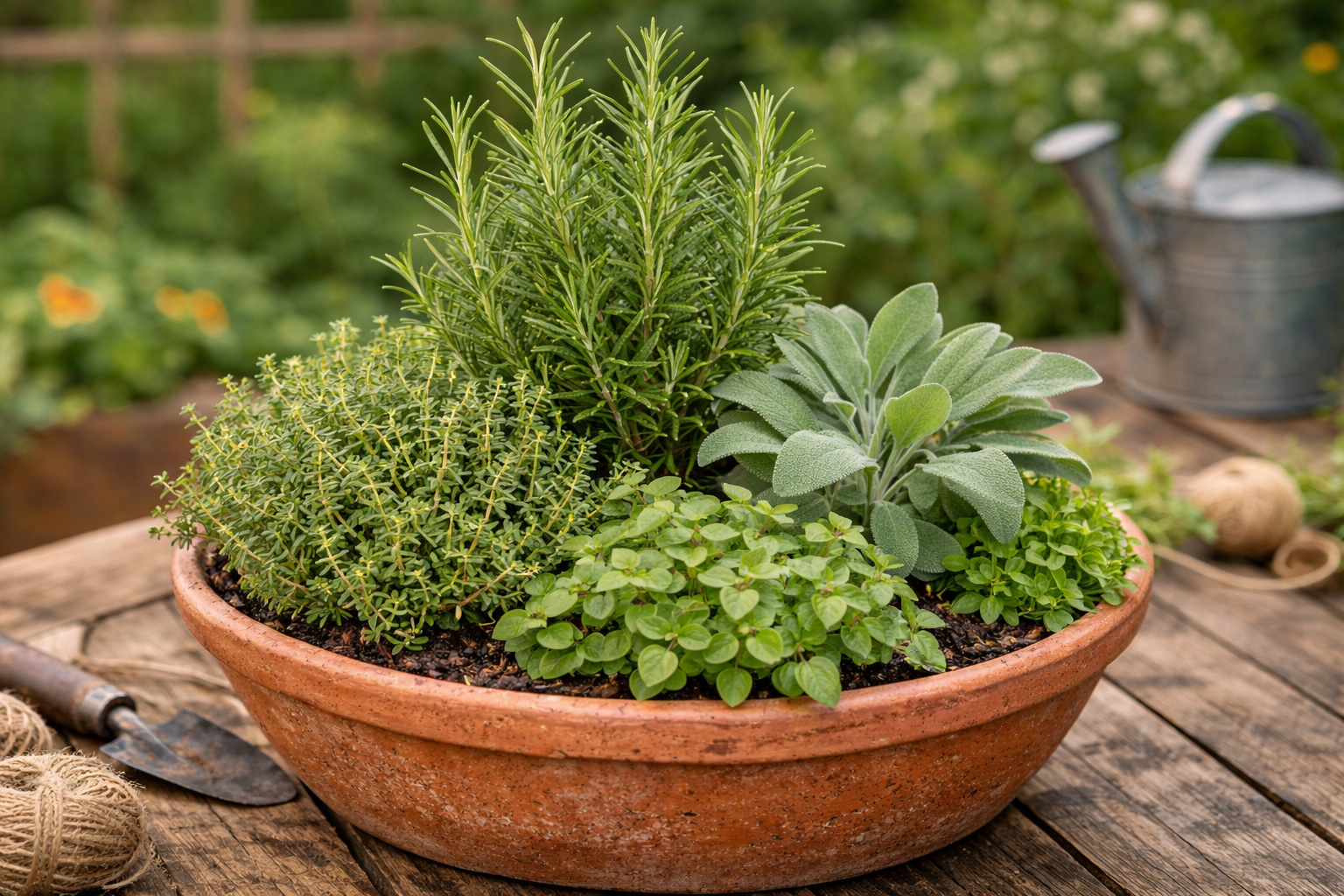 What to Plant With Rosemary in Container Gardens Without Killing It 2 Rosemary growing in a container with thyme, oregano, and sage companion herbs