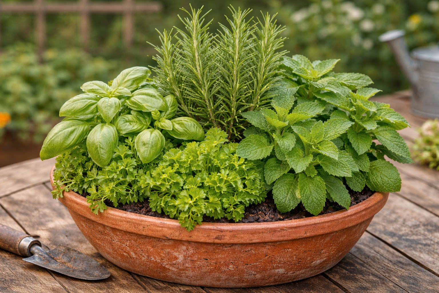 What to Plant With Rosemary in Container Gardens Without Killing It 4 Rosemary container shown with unsuitable companions like basil, mint, and parsley