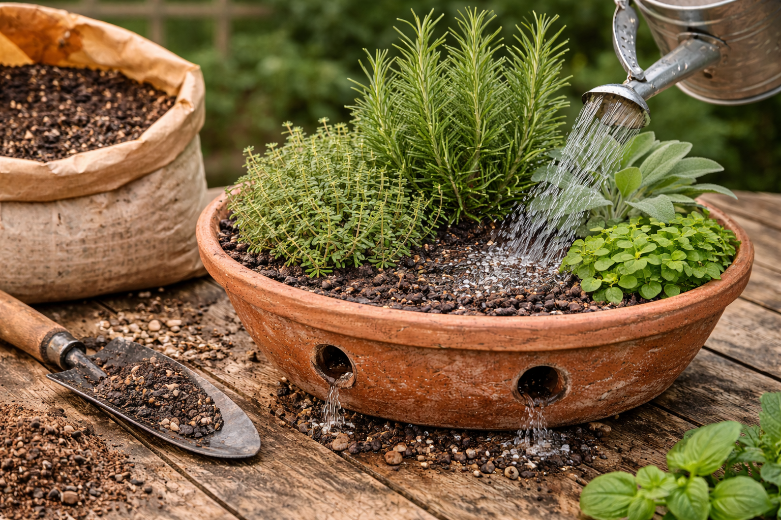 What to Plant With Rosemary in Container Gardens Without Killing It 5 Well-draining rosemary container setup with potting mix and visible drainage holes