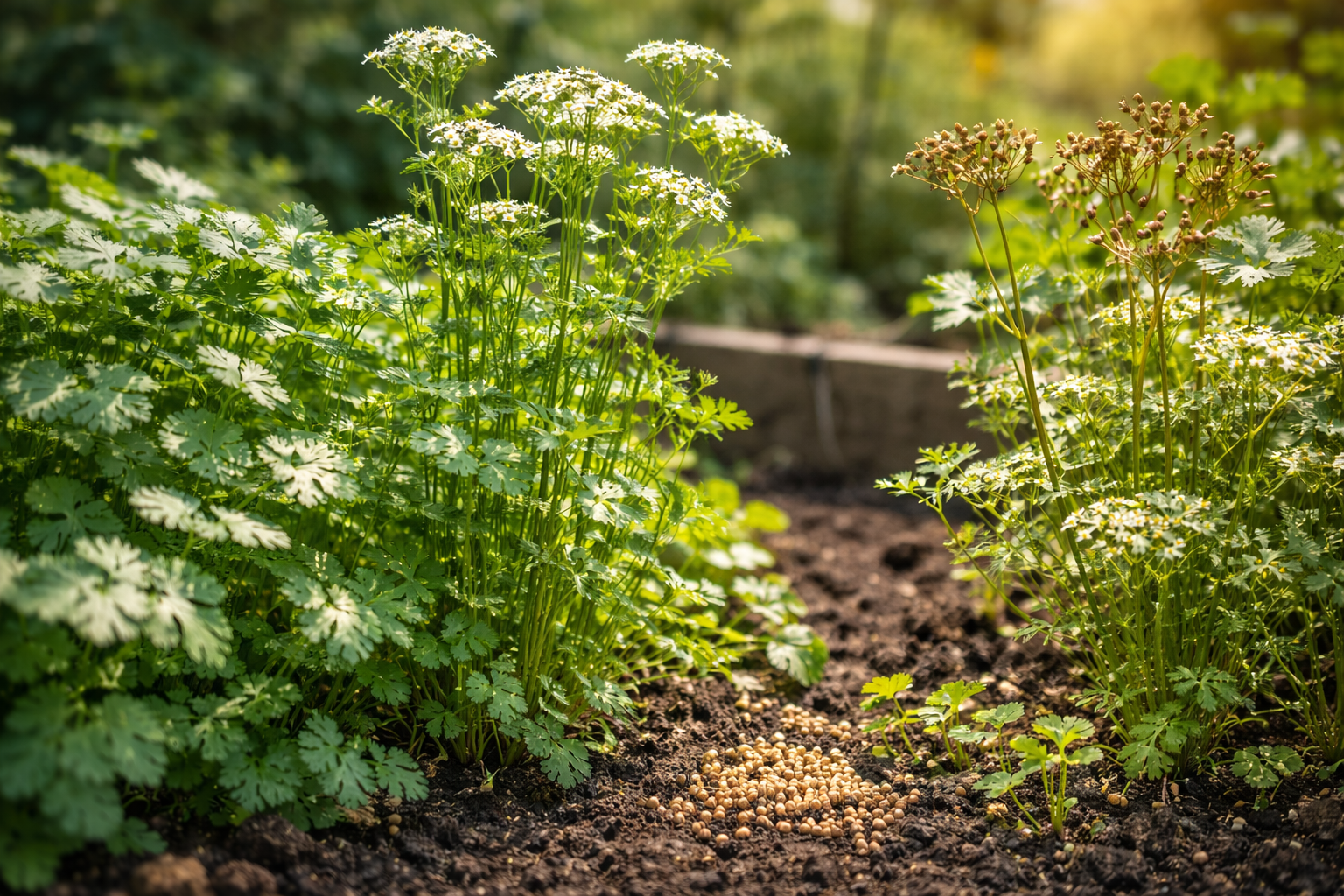 Cilantro plant showing leafy growth, flowers, and developing seeds in a garden bed
