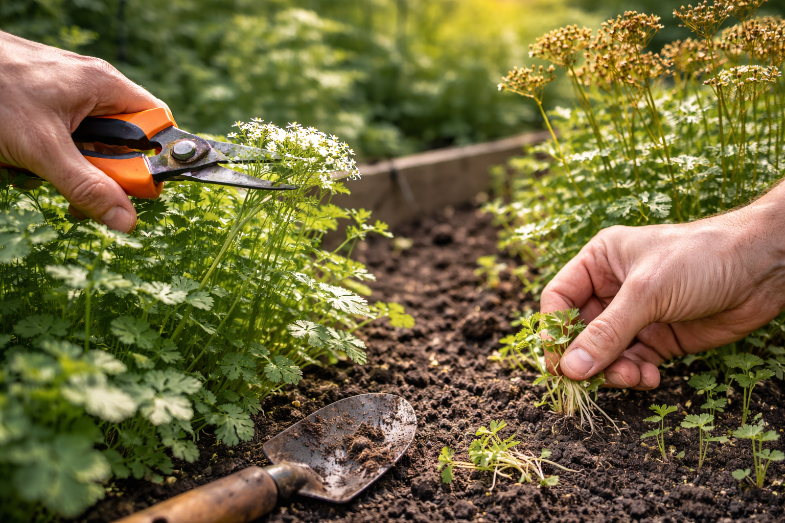 Gardener trimming cilantro flower stalks and pulling small volunteer cilantro seedlings