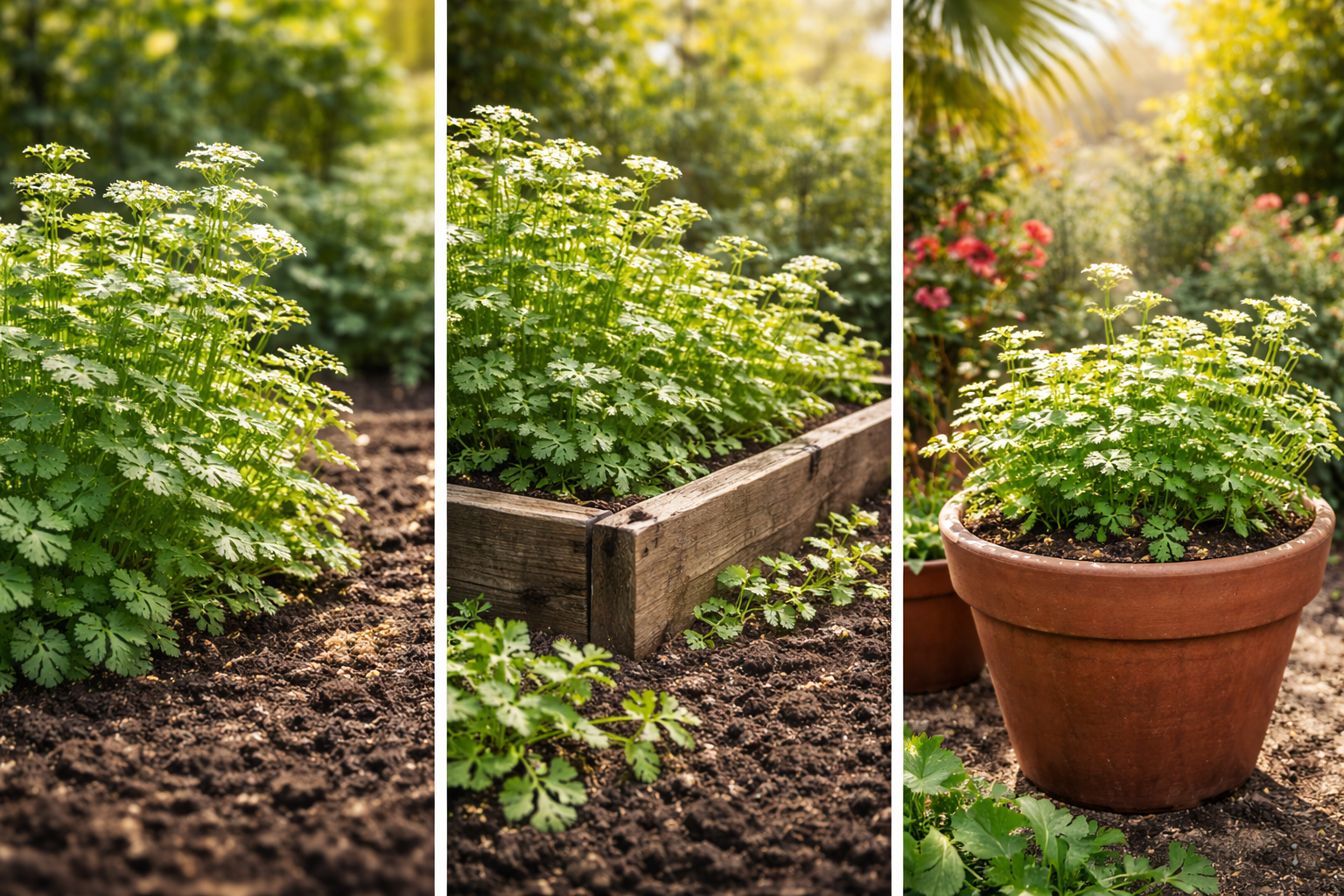 Cilantro growing in an in-ground bed, raised bed, and container for comparison