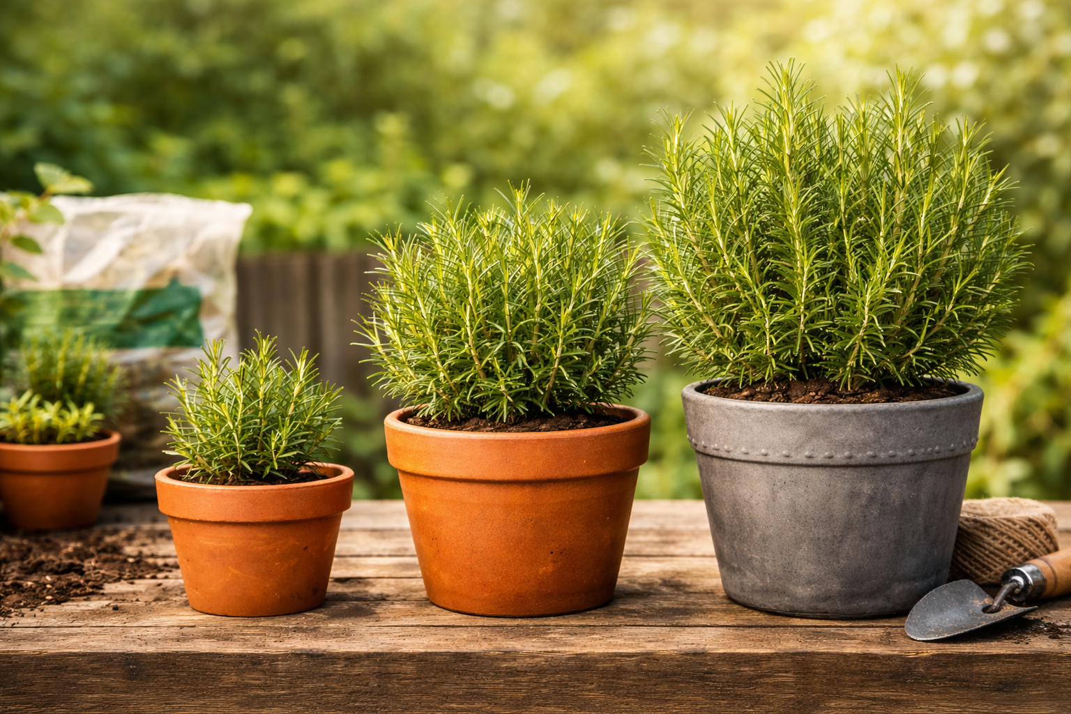 What Size Pot for Rosemary? The Simple Pot Rule That Actually Works 2 Three rosemary plants at different growth stages in progressively larger pots