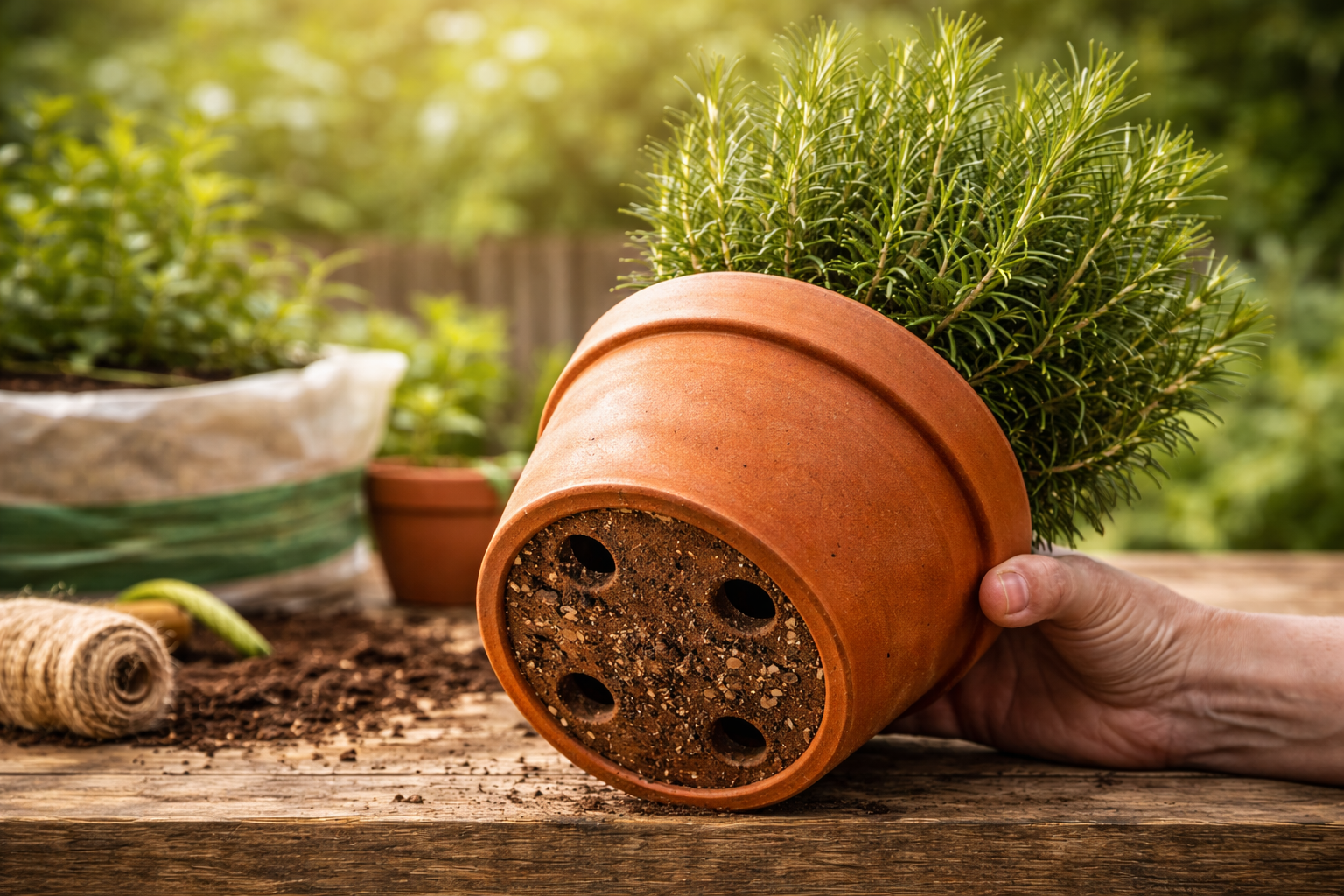 What Size Pot for Rosemary? The Simple Pot Rule That Actually Works 3 Rosemary pot showing width, depth, and drainage holes on the base