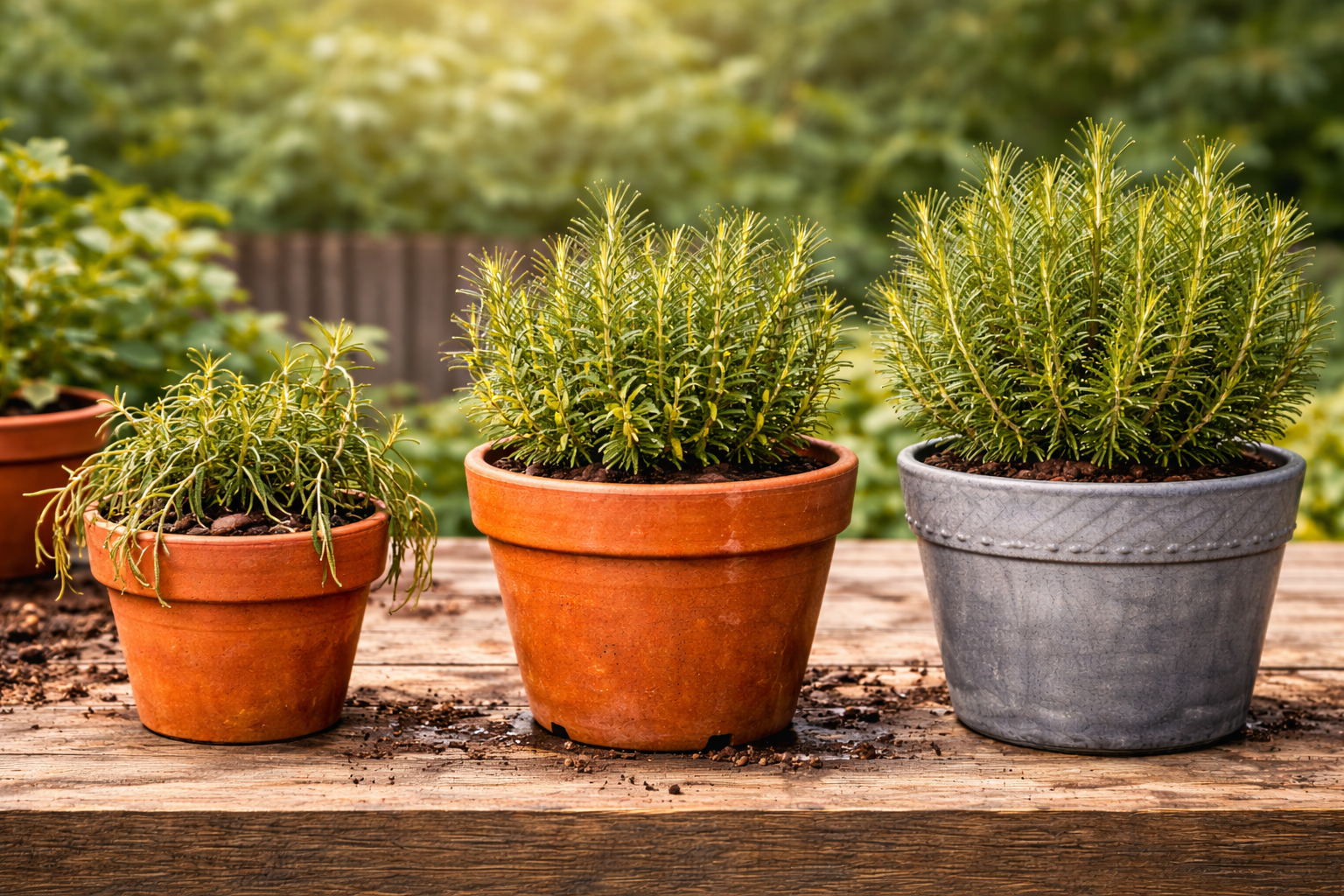 What Size Pot for Rosemary? The Simple Pot Rule That Actually Works 6 Three potted rosemary plants showing too small, too big, and correctly sized containers