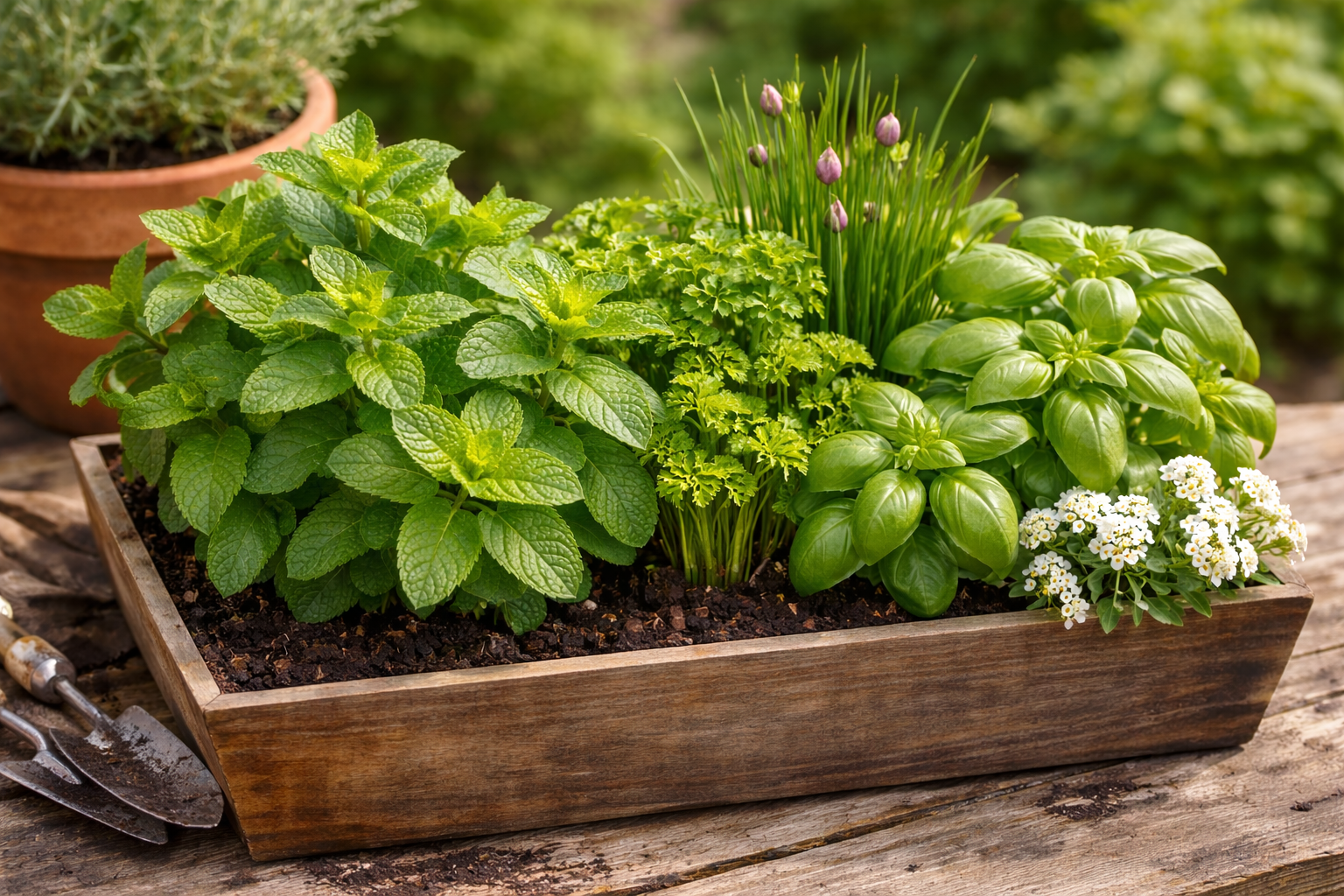 Mint growing in a container with parsley, chives, and alyssum