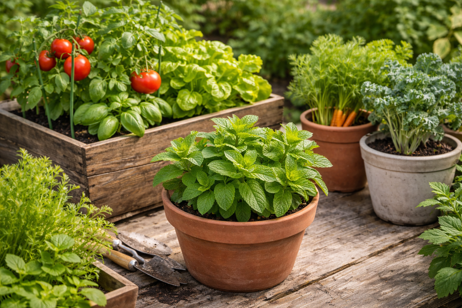 Mint in a separate container placed beside vegetable and herb pots
