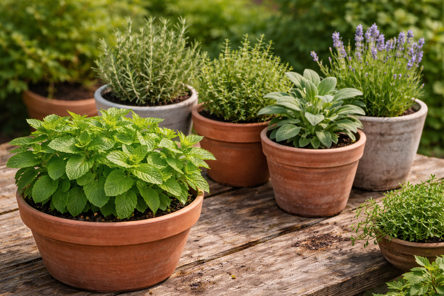Mint next to rosemary, thyme, sage, and lavender shown as separate herbs