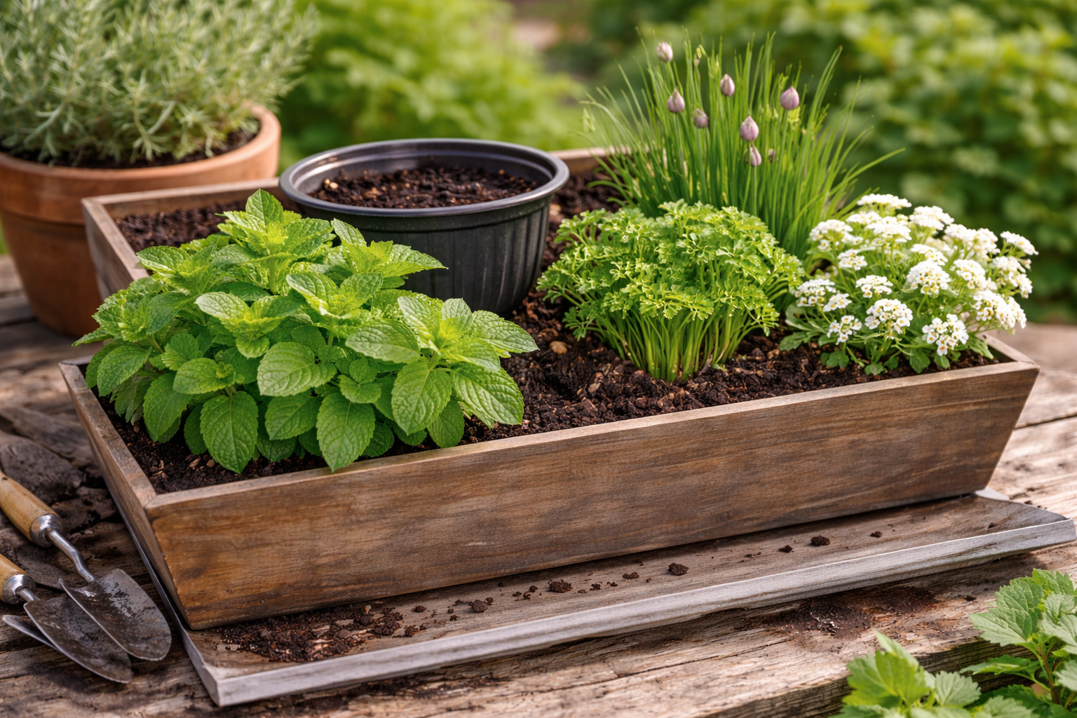Wide container layout with mint on one side, chives and parsley beside it, and drainage holes below