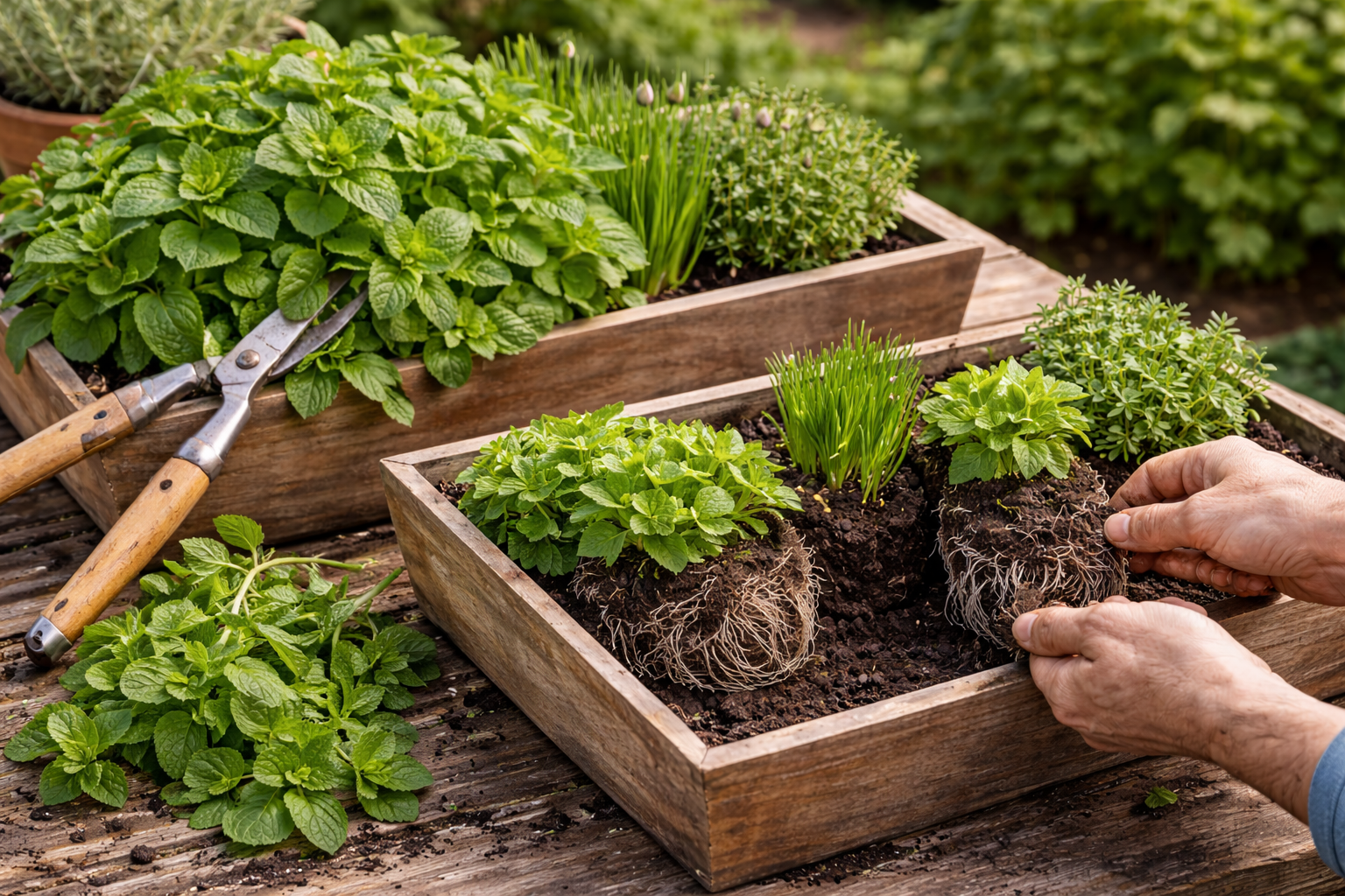 Overgrown mint in a crowded container being trimmed and divided