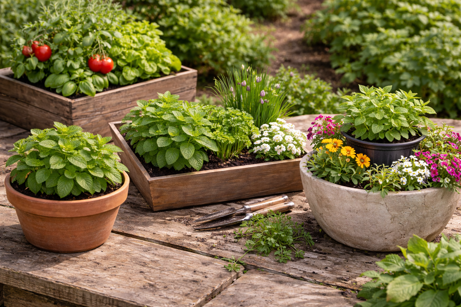 Three mint container setups including a solo pot, herb trough, and larger patio planter
