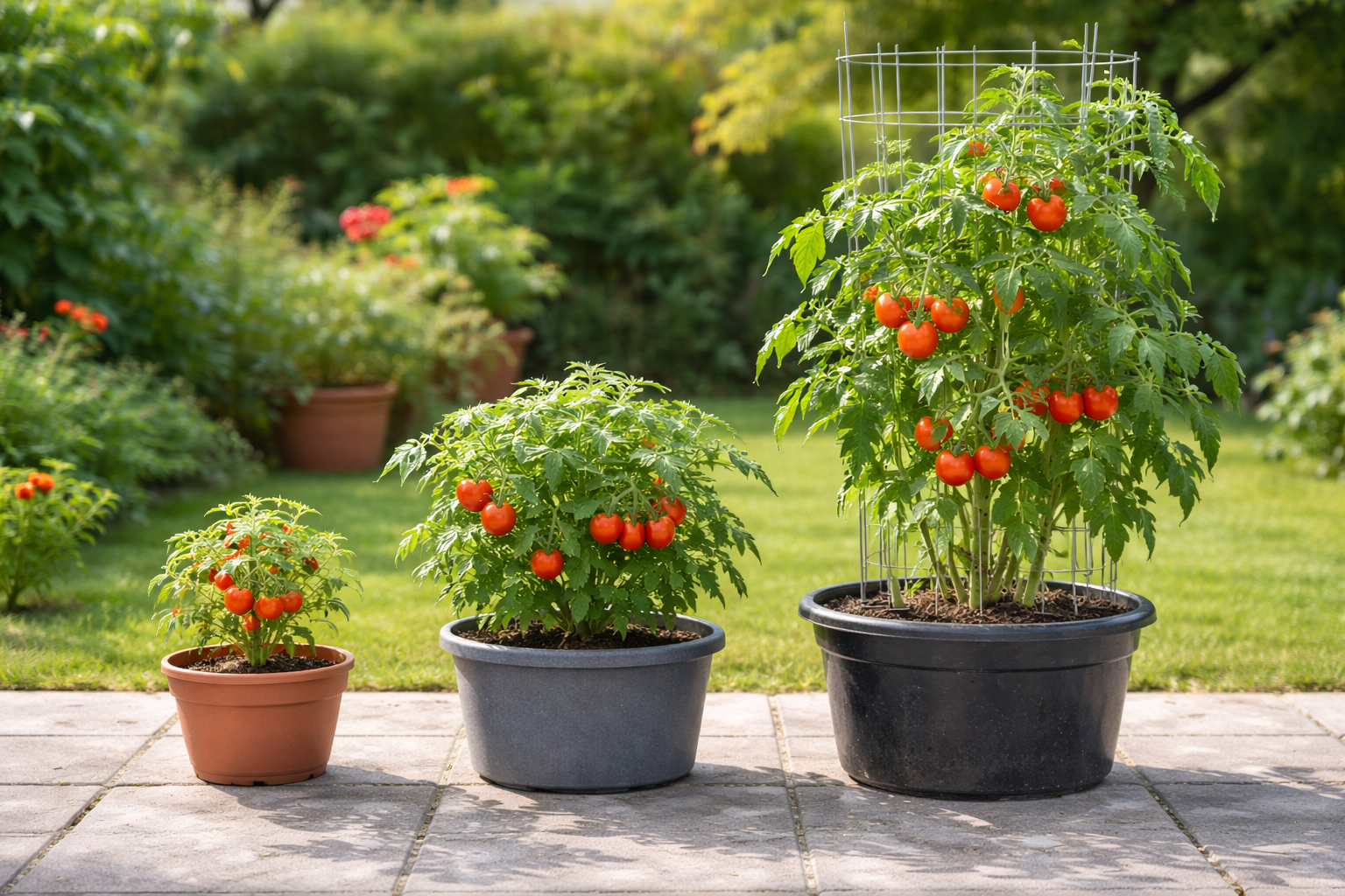 Compact dwarf tomato plant next to a larger indeterminate tomato vine in containers