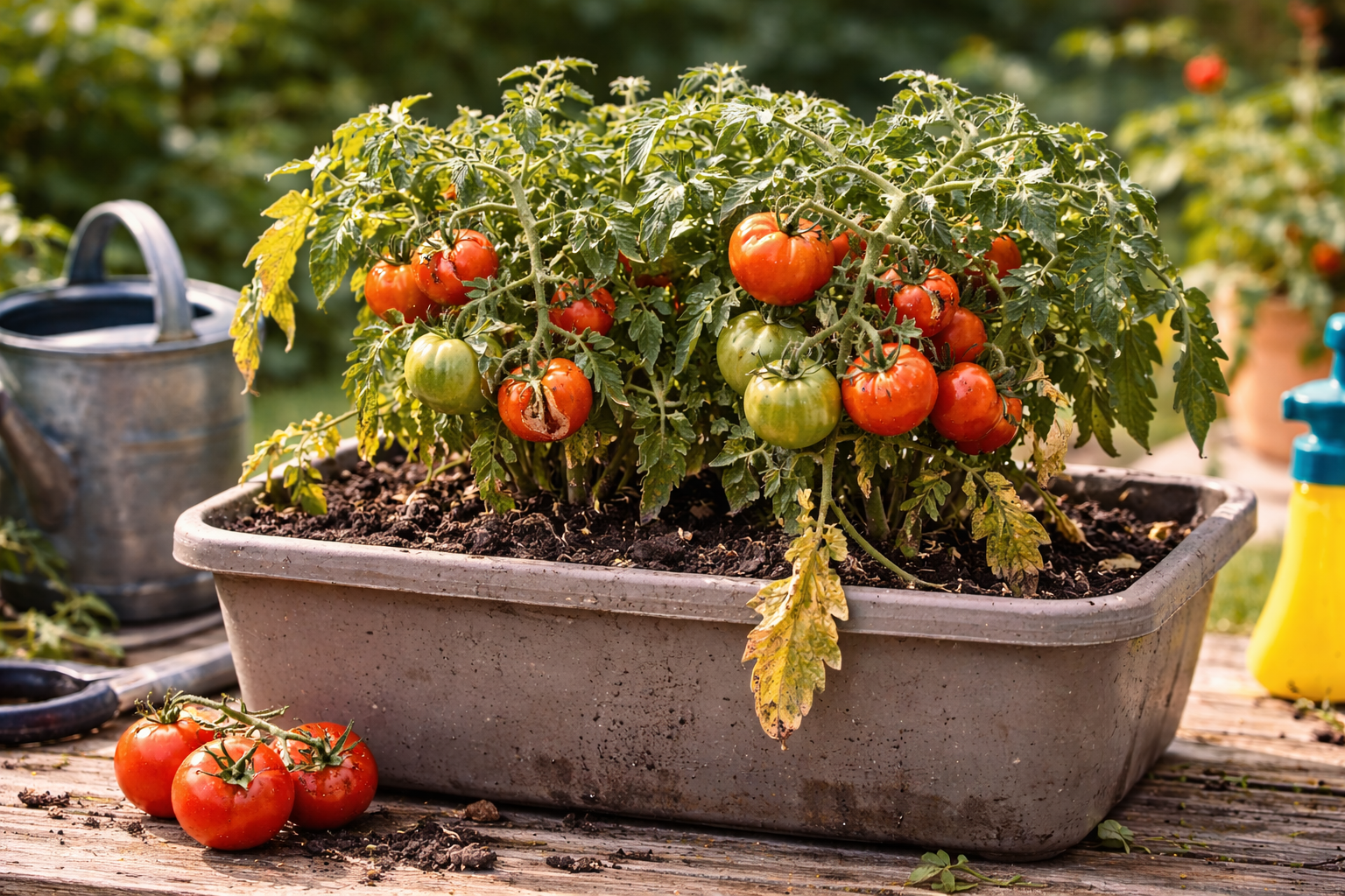 Overcrowded tomato plants in one pot compared with a single healthy tomato plant in its own container