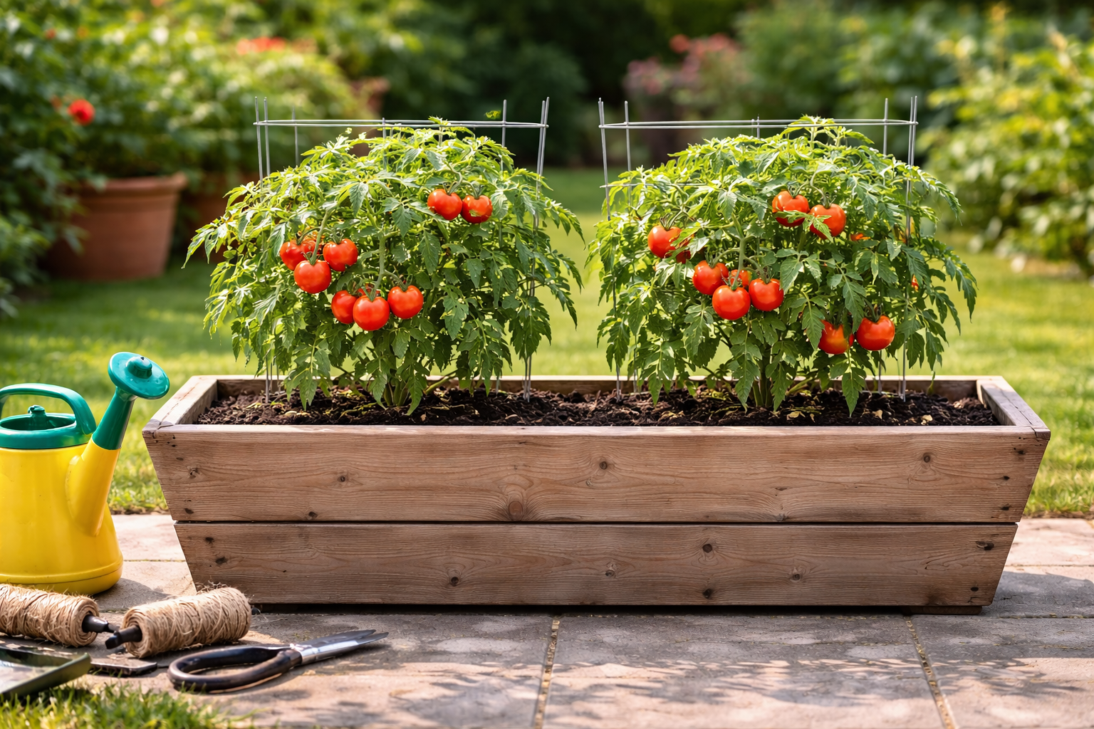 Two compact tomato plants properly spaced in a large rectangular planter