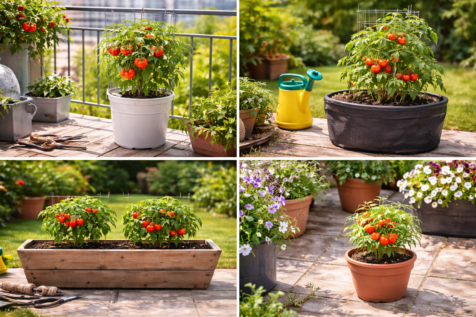 Tomato growing setups on a balcony, in a bucket, in a trough planter, and on a small patio