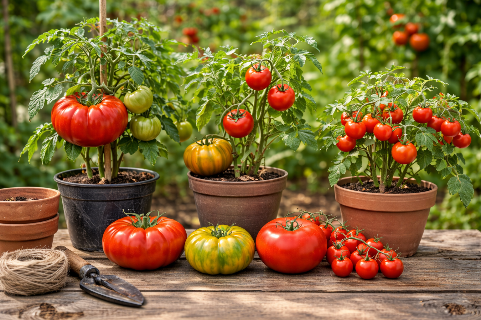 Different heirloom tomato varieties including beefsteak, slicer, and cherry types side by side
