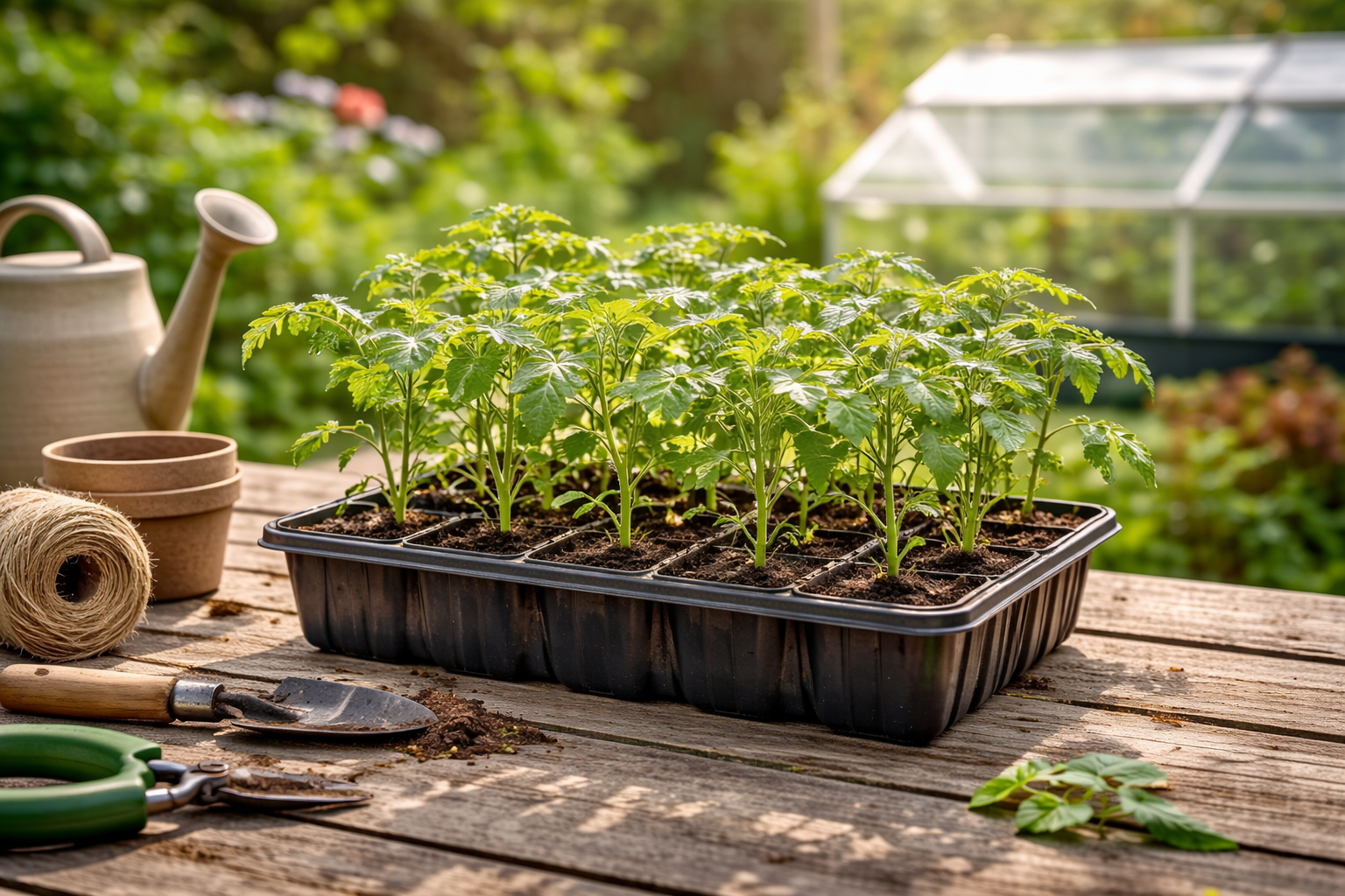 Heirloom tomato seedlings in trays being moved outdoors for hardening off