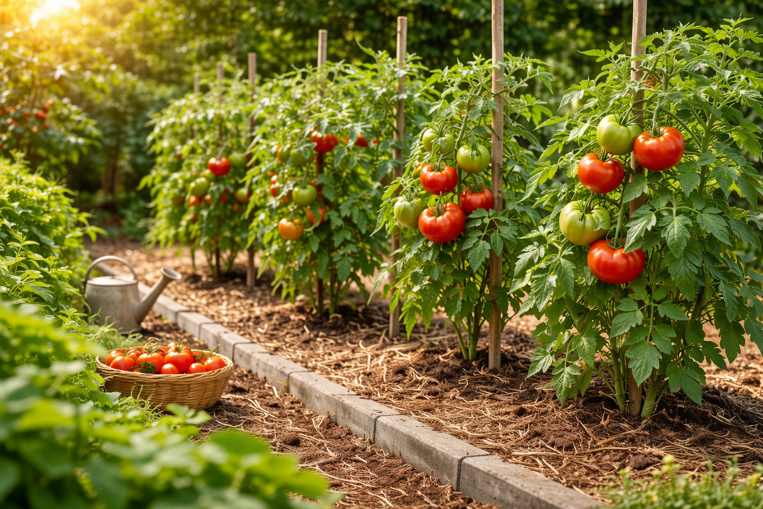 Heirloom tomato plants spaced properly in a sunny garden bed with good airflow