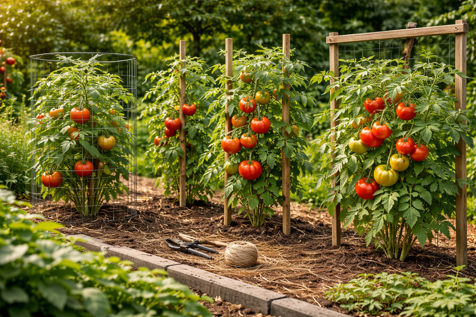 Large heirloom tomato plants supported with cages, stakes, and trellises in a garden
