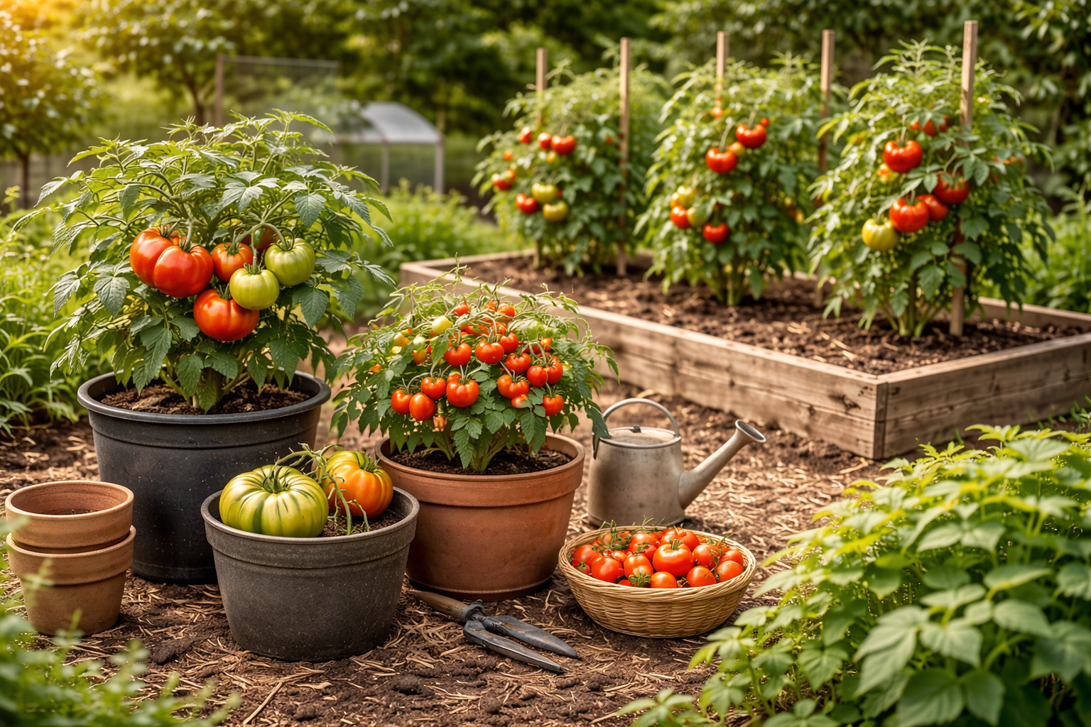 Heirloom tomatoes growing in containers and raised beds in a home garden