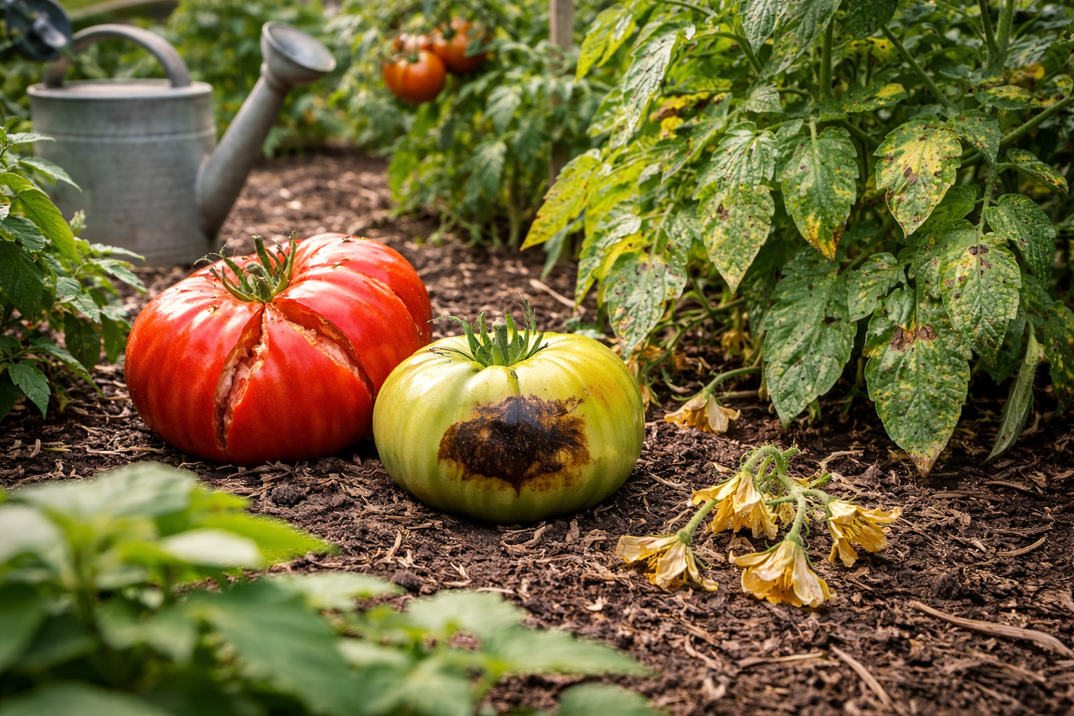 Common heirloom tomato problems including cracked fruit, blossom end rot, and crowded plants