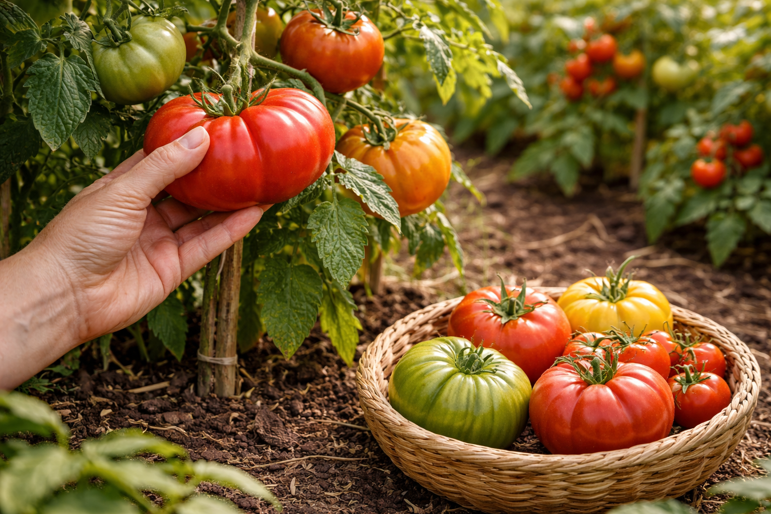 Ripe heirloom tomatoes on the vine showing harvest-ready color and texture