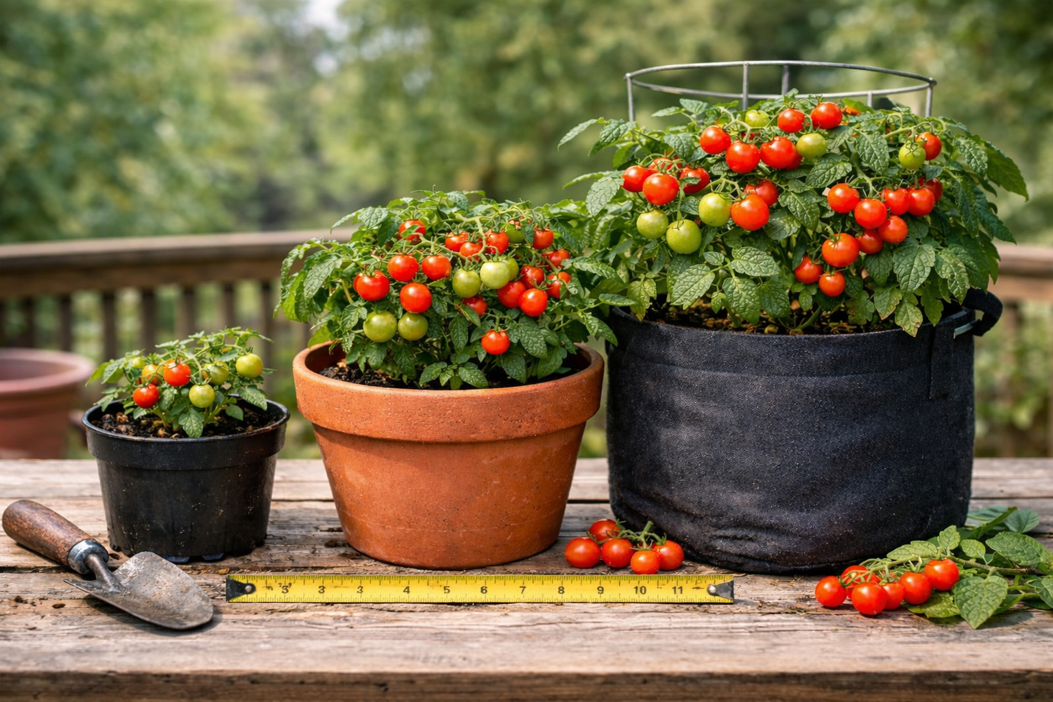 Three cherry tomato plants in small, medium, and large pots showing size differences