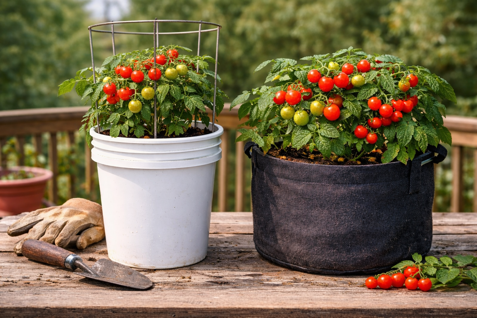 Tall narrow pot next to a wider tomato container showing depth and shape differences