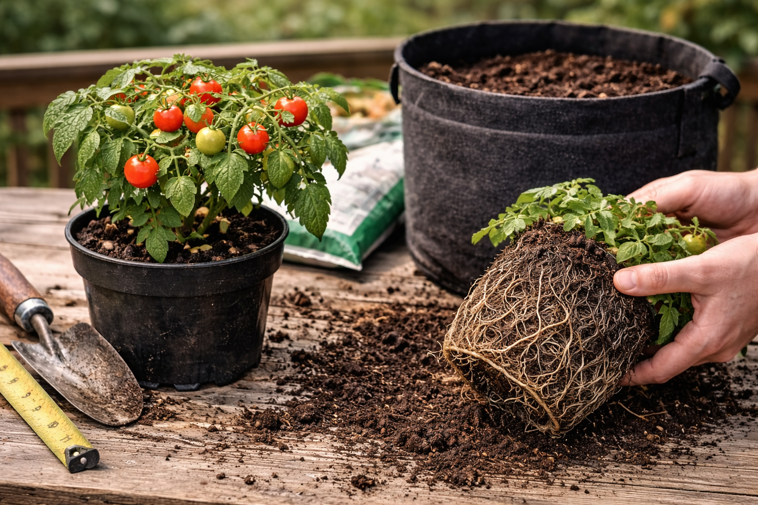 Wilted cherry tomato plant in a cramped pot with crowded roots ready for repotting