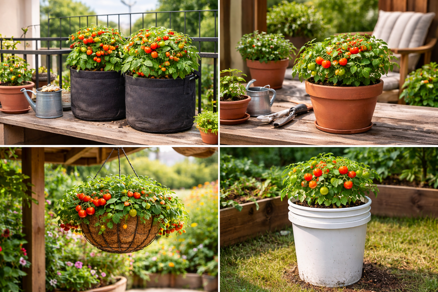 Cherry tomato container setups on a balcony, patio, hanging basket, and bucket