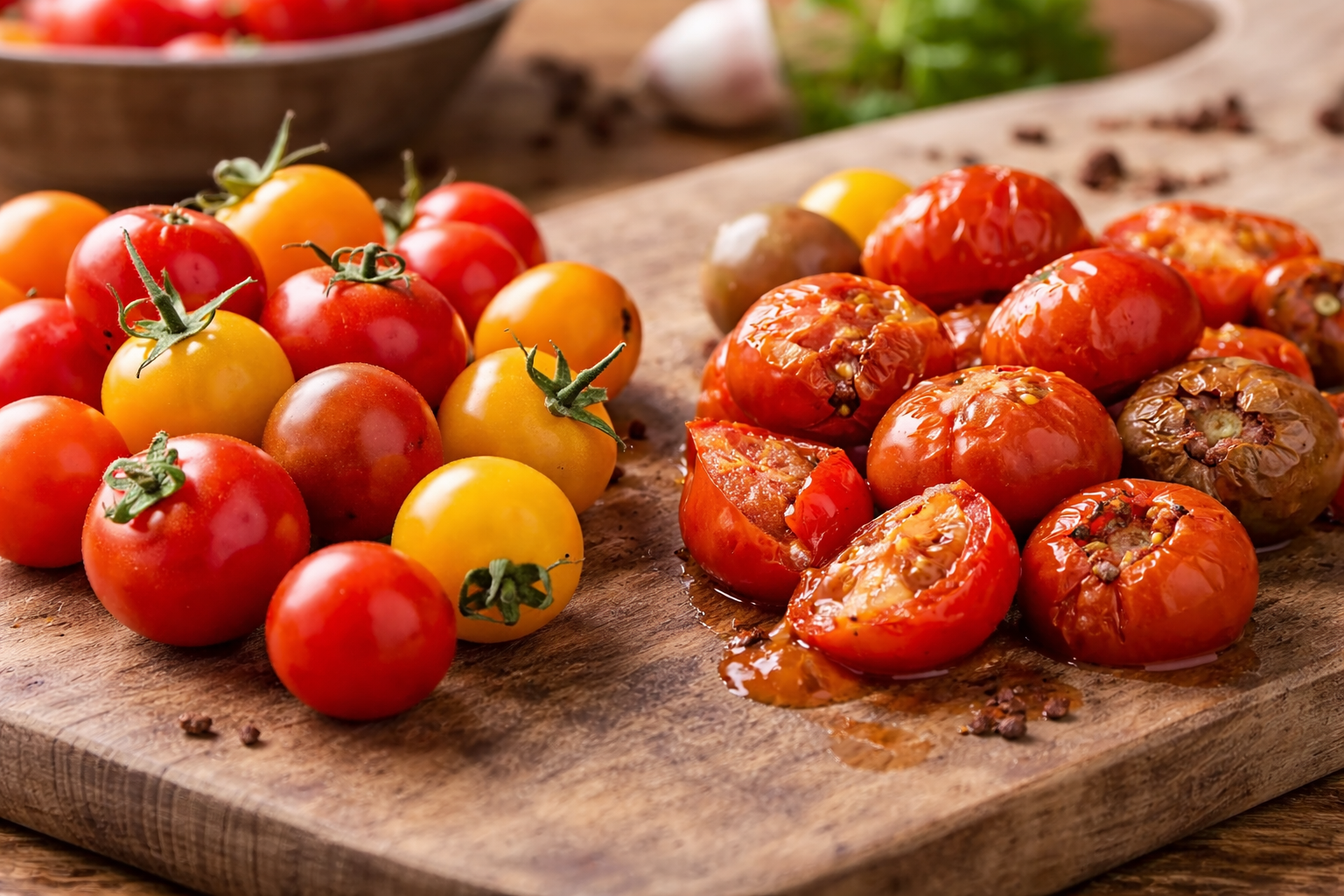 Firm cherry tomatoes next to split, soft, and damaged tomatoes not suitable for canning
