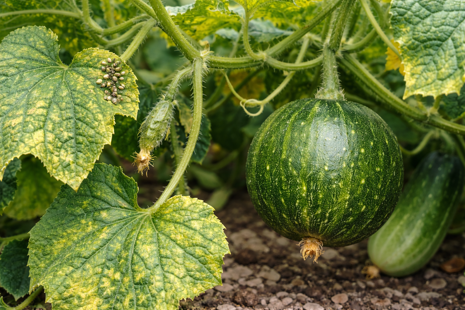 Misshapen cucumber fruit with nearby leaves showing mottling and distortion from plant stress